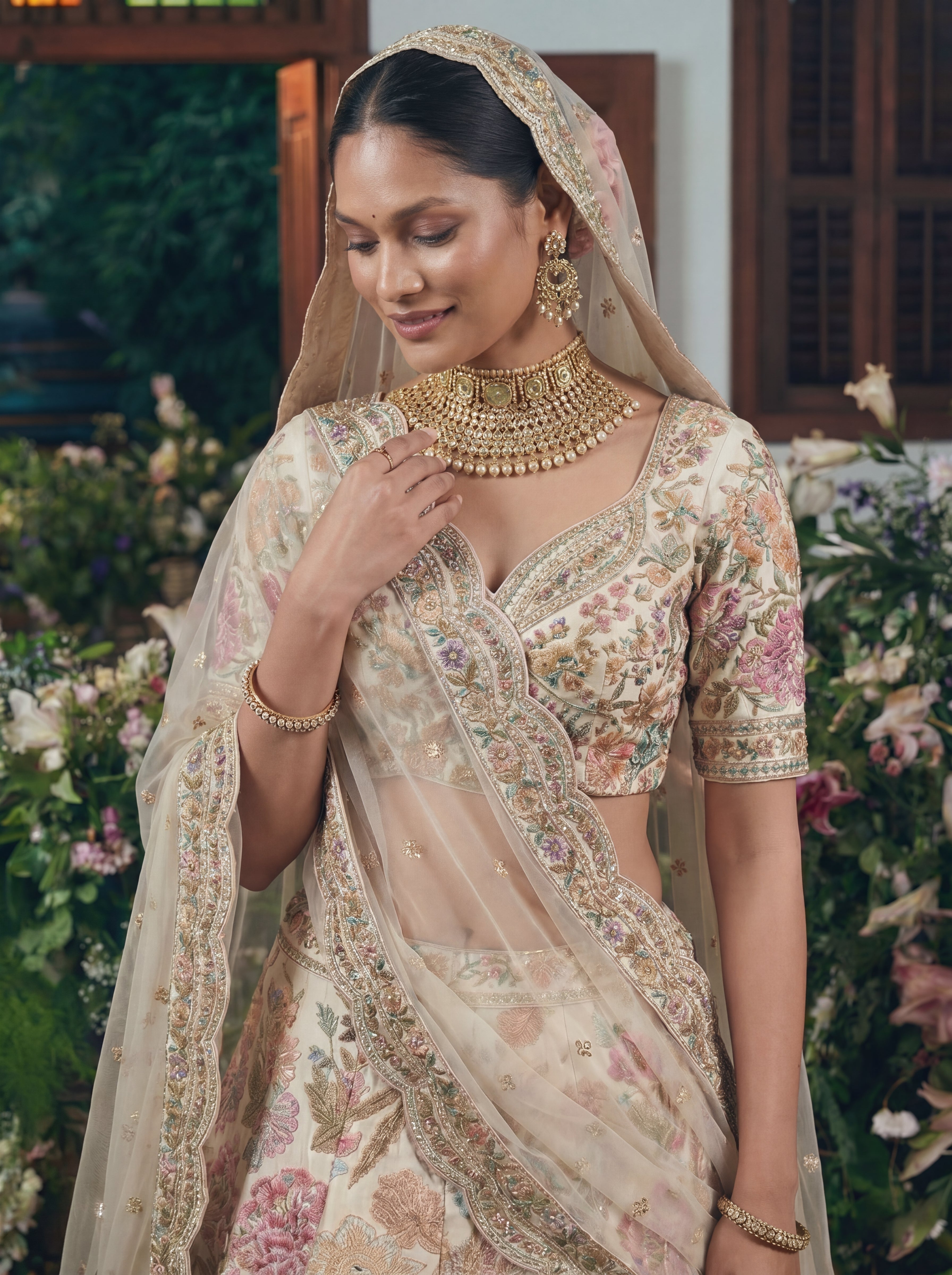 Ivory Cream Viscose Sequins Mirror Bridal Lehenga Choli Set