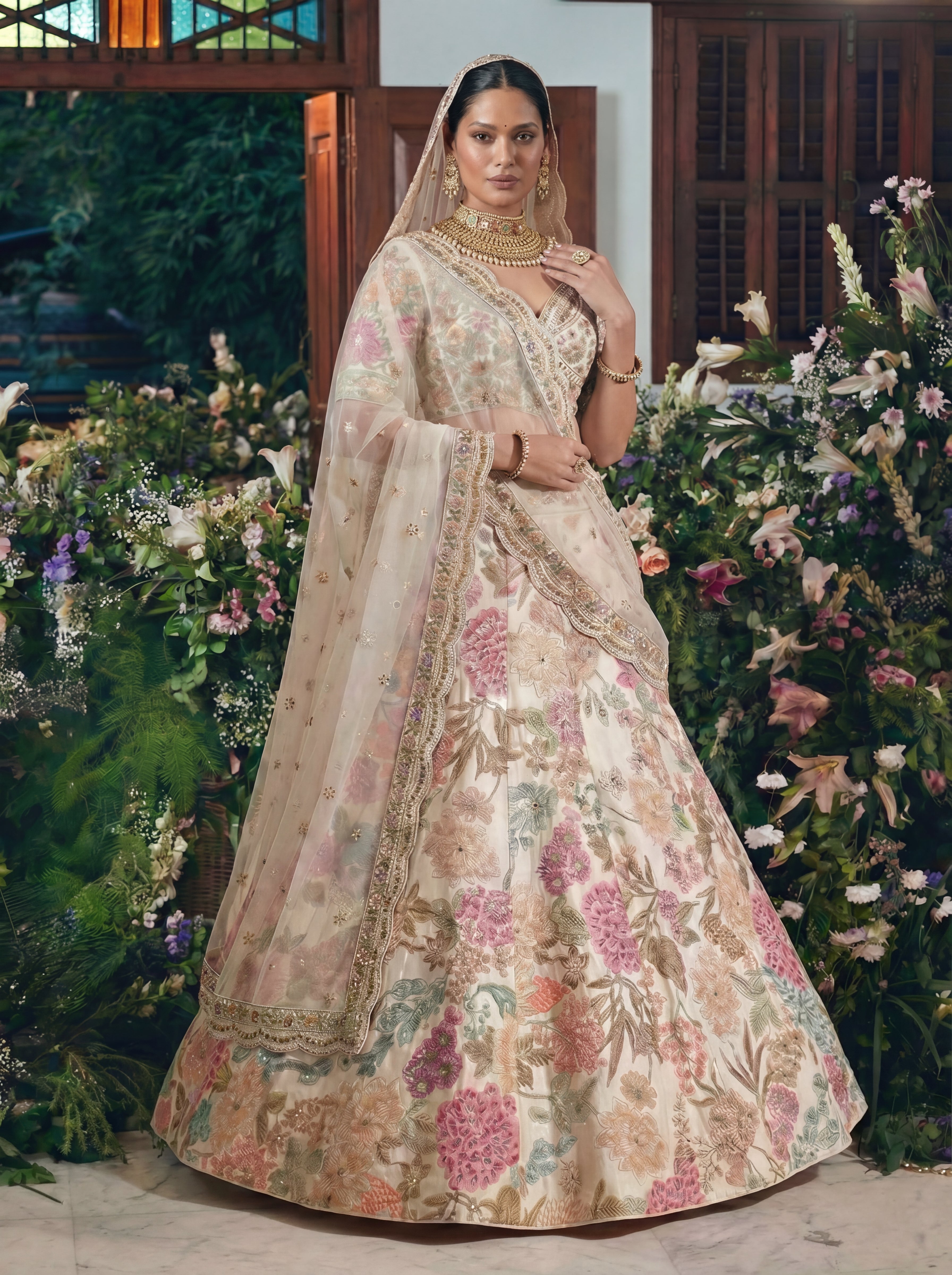 Ivory Cream Viscose Sequins Mirror Bridal Lehenga Choli Set