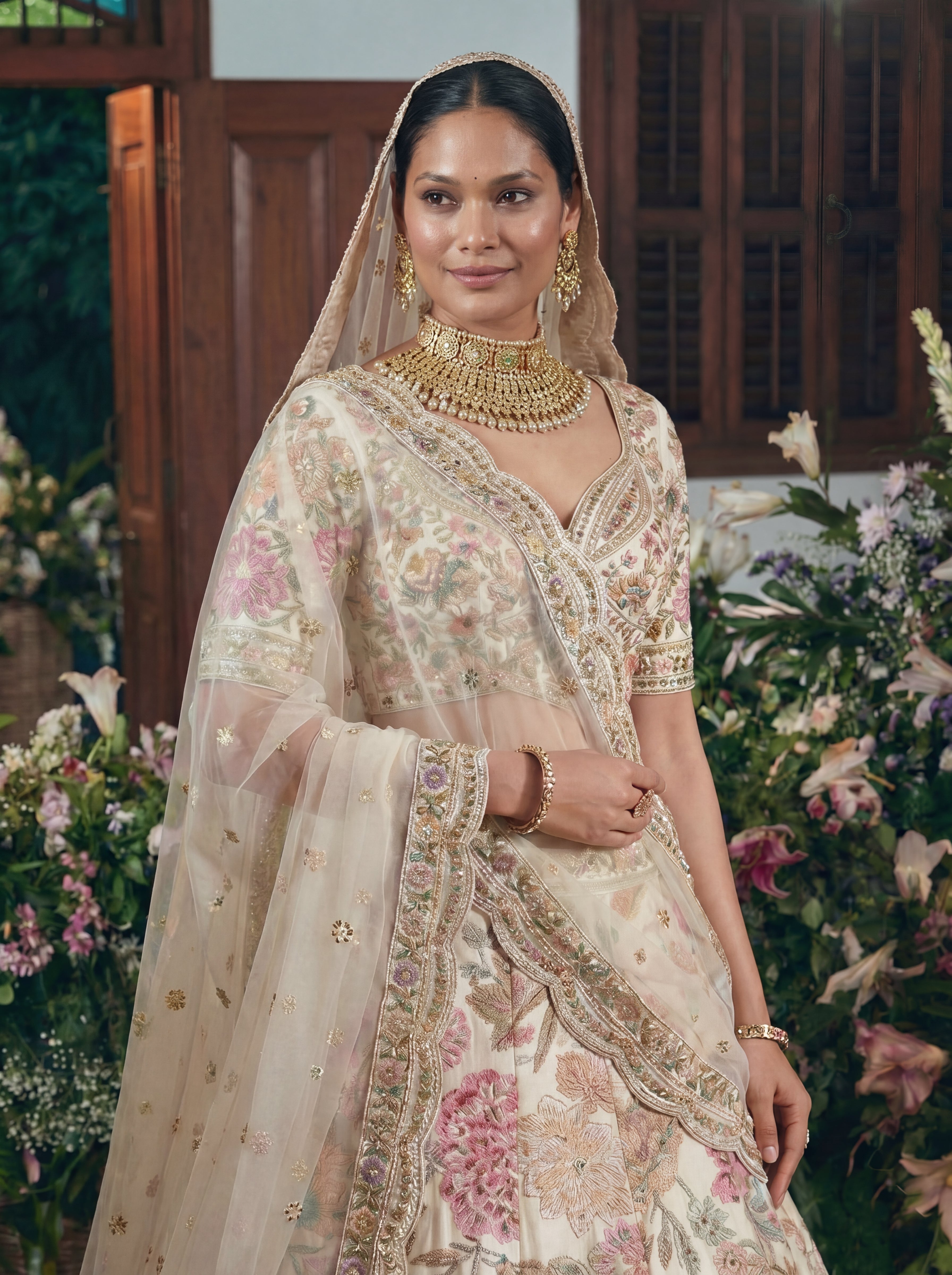 Ivory Cream Viscose Sequins Mirror Bridal Lehenga Choli Set