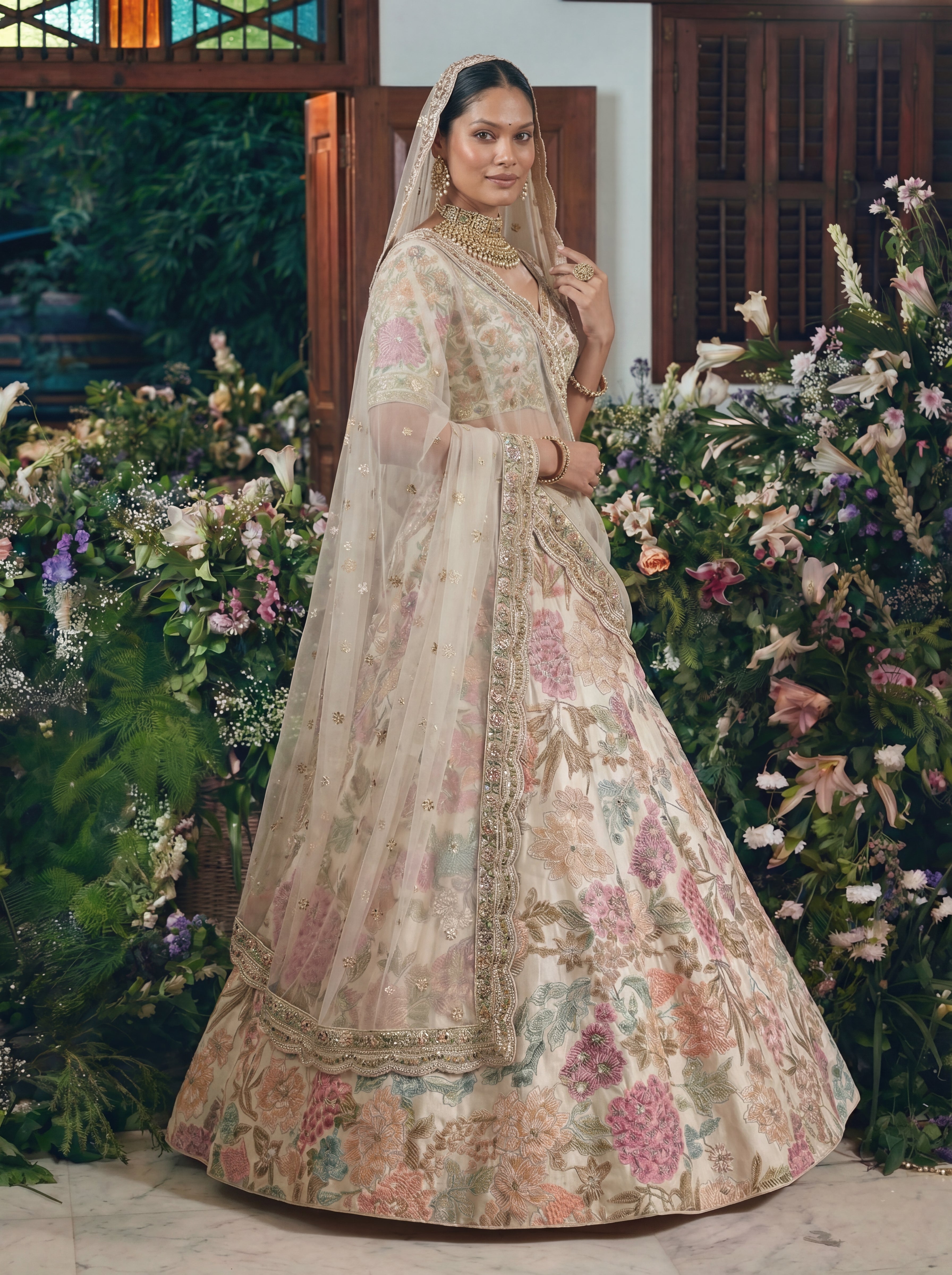 Ivory Cream Viscose Sequins Mirror Bridal Lehenga Choli Set
