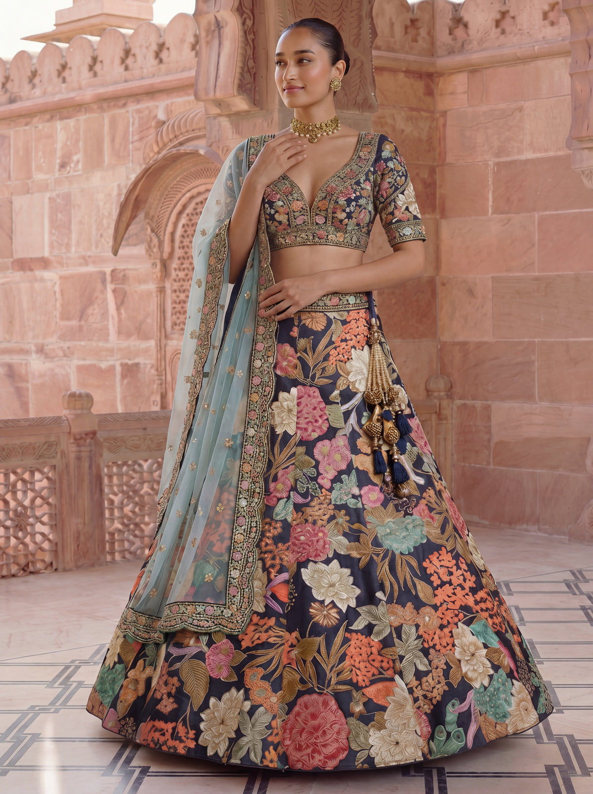 Navy Blue Viscose Floral Embroidered Bridal Lehenga Choli Set