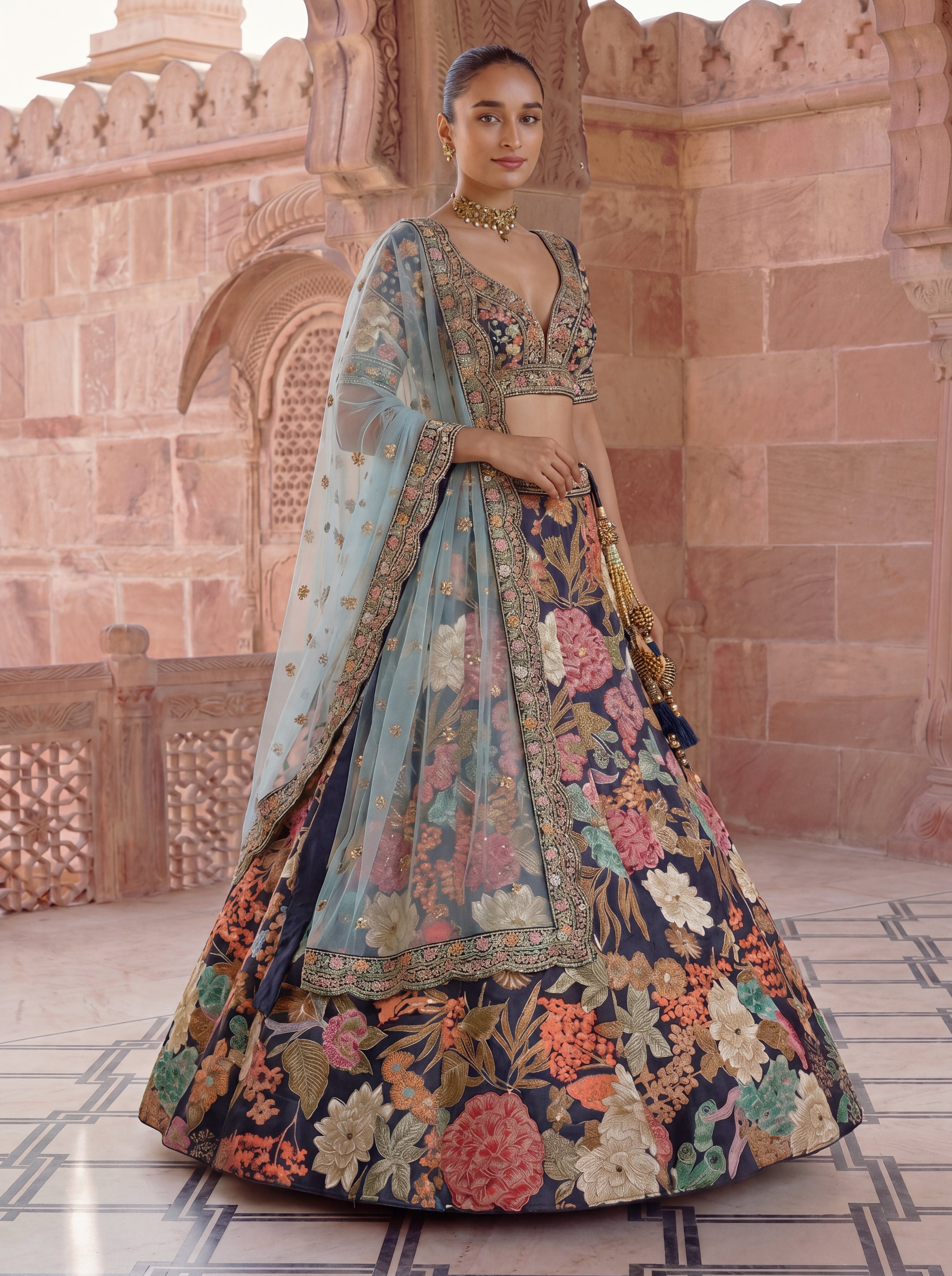 Navy Blue Viscose Floral Embroidered Bridal Lehenga Choli Set