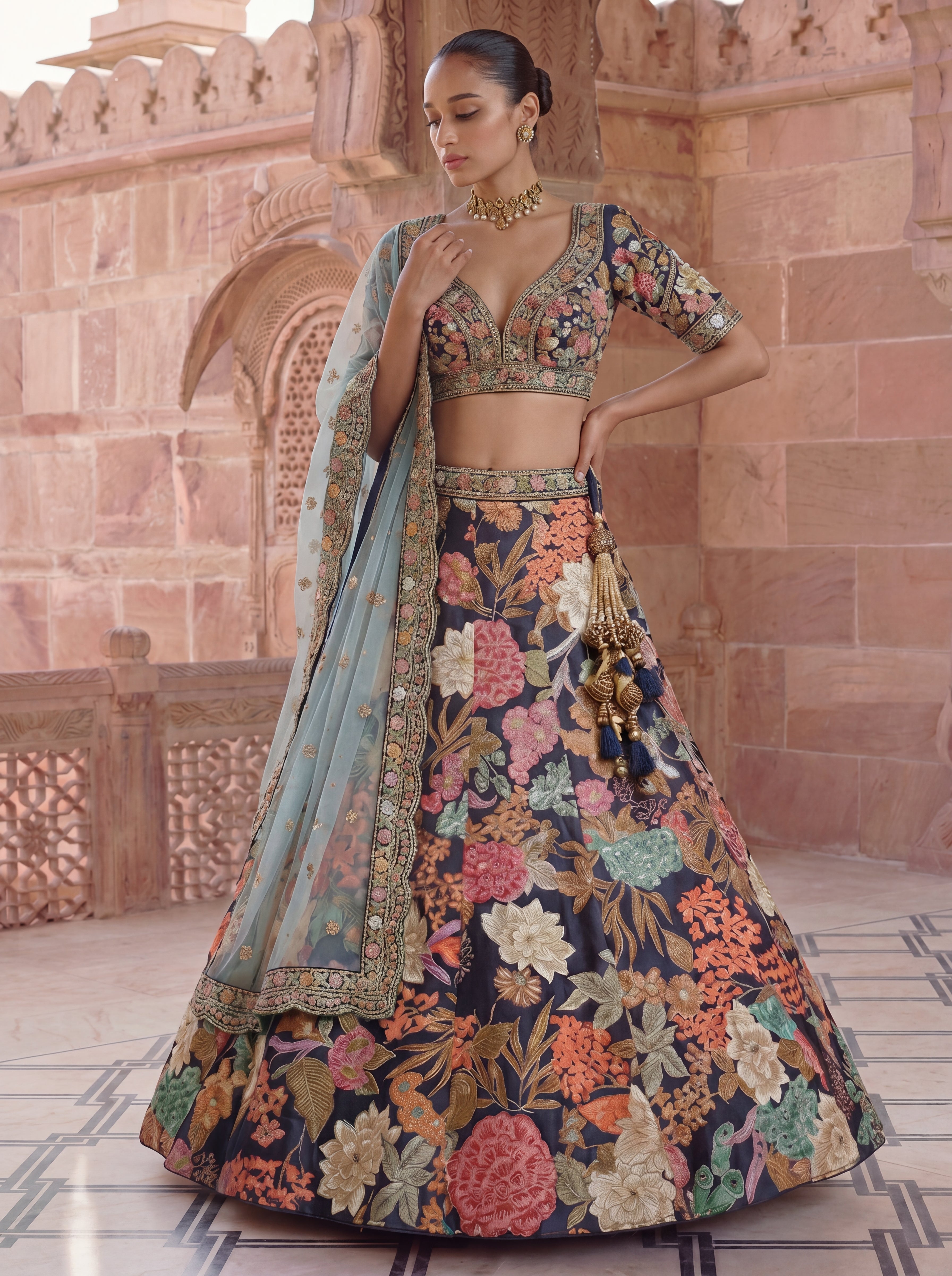 Navy Blue Viscose Floral Embroidered Bridal Lehenga Choli Set