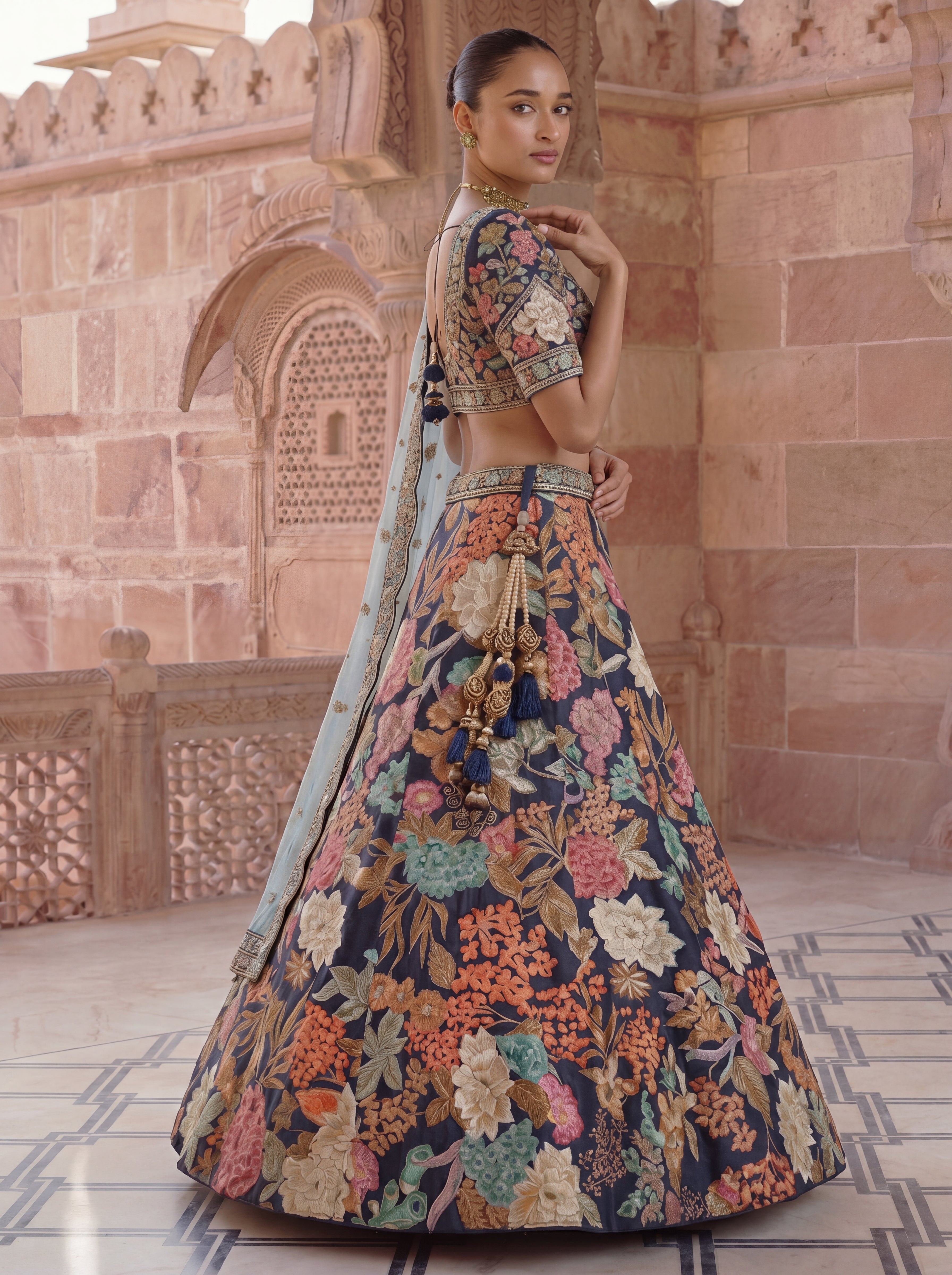 Navy Blue Viscose Floral Embroidered Bridal Lehenga Choli Set
