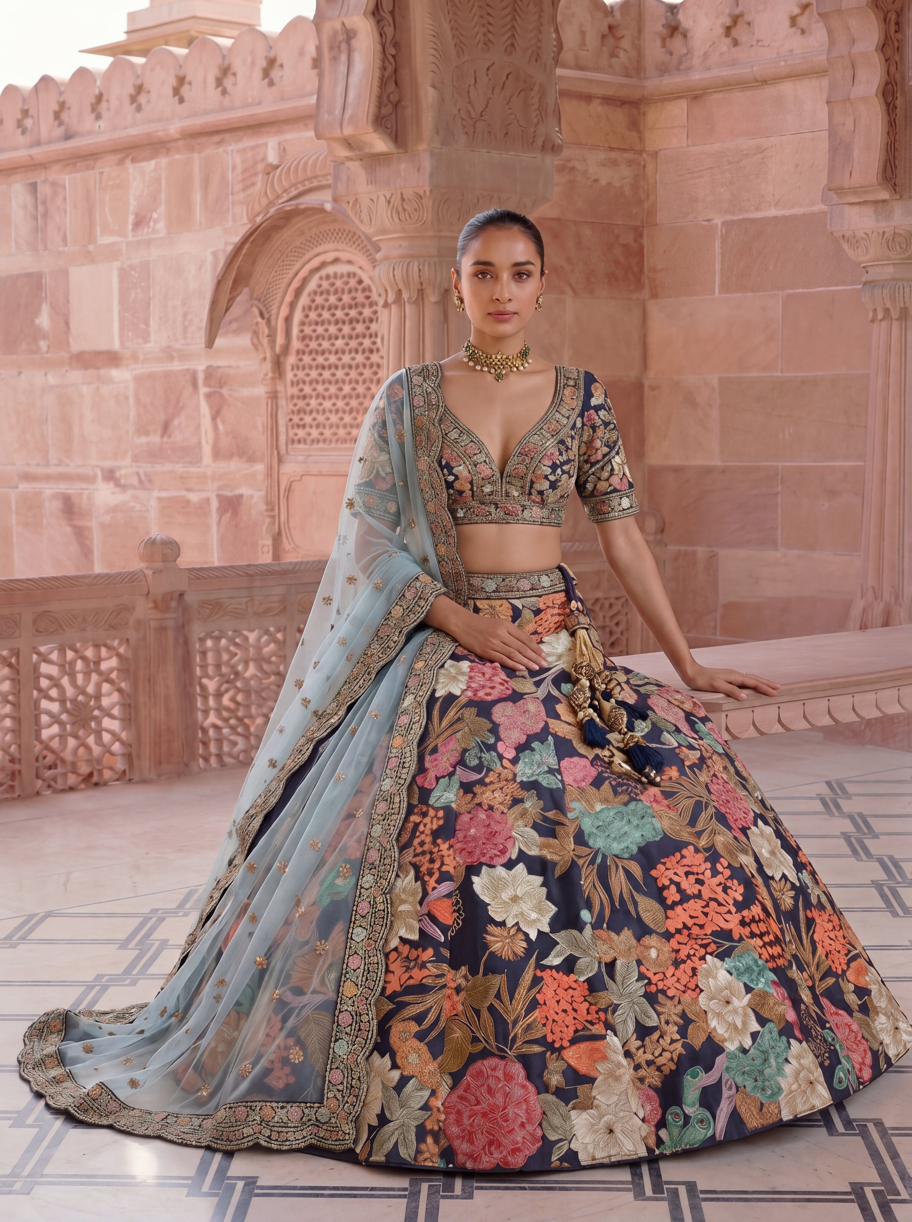Navy Blue Viscose Floral Embroidered Bridal Lehenga Choli Set