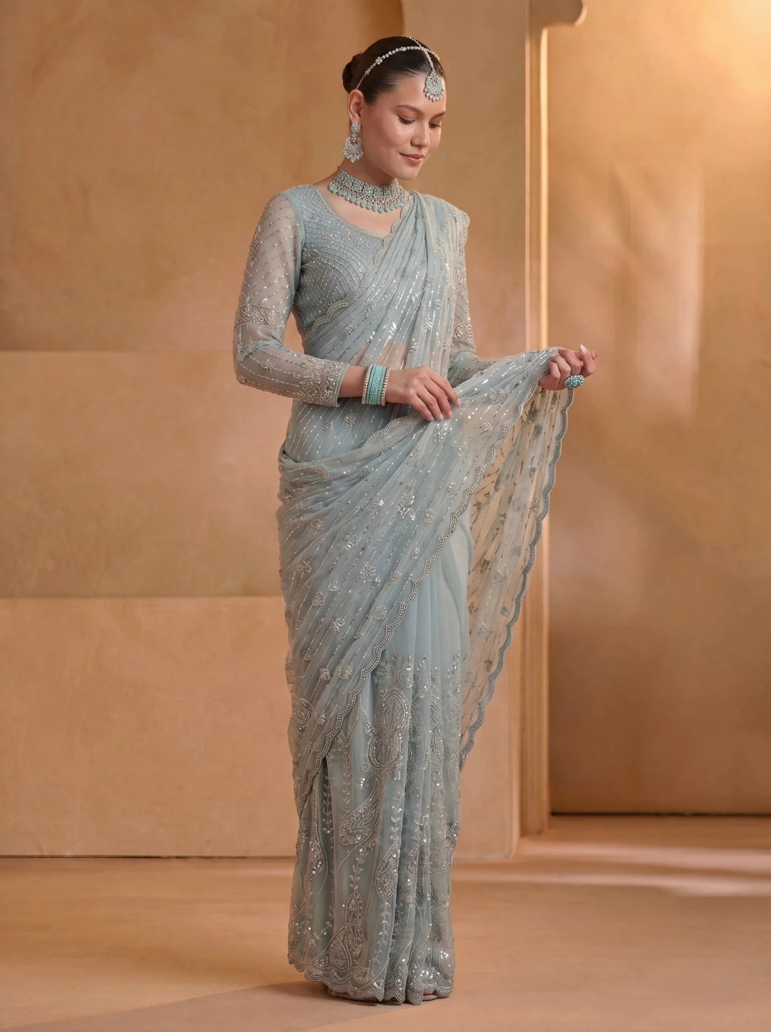 Premium Ice Blue Net Saree with Intricate Thread & Sequin Embroidery Handwork - Zimonza