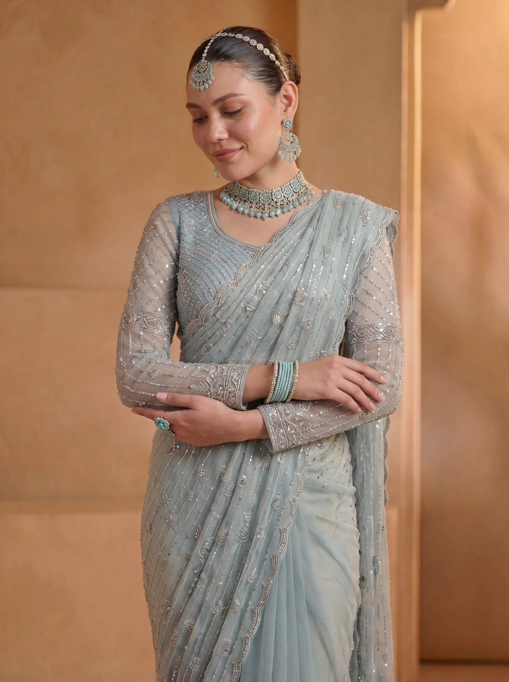 Premium Ice Blue Net Saree with Intricate Thread & Sequin Embroidery Handwork - Zimonza