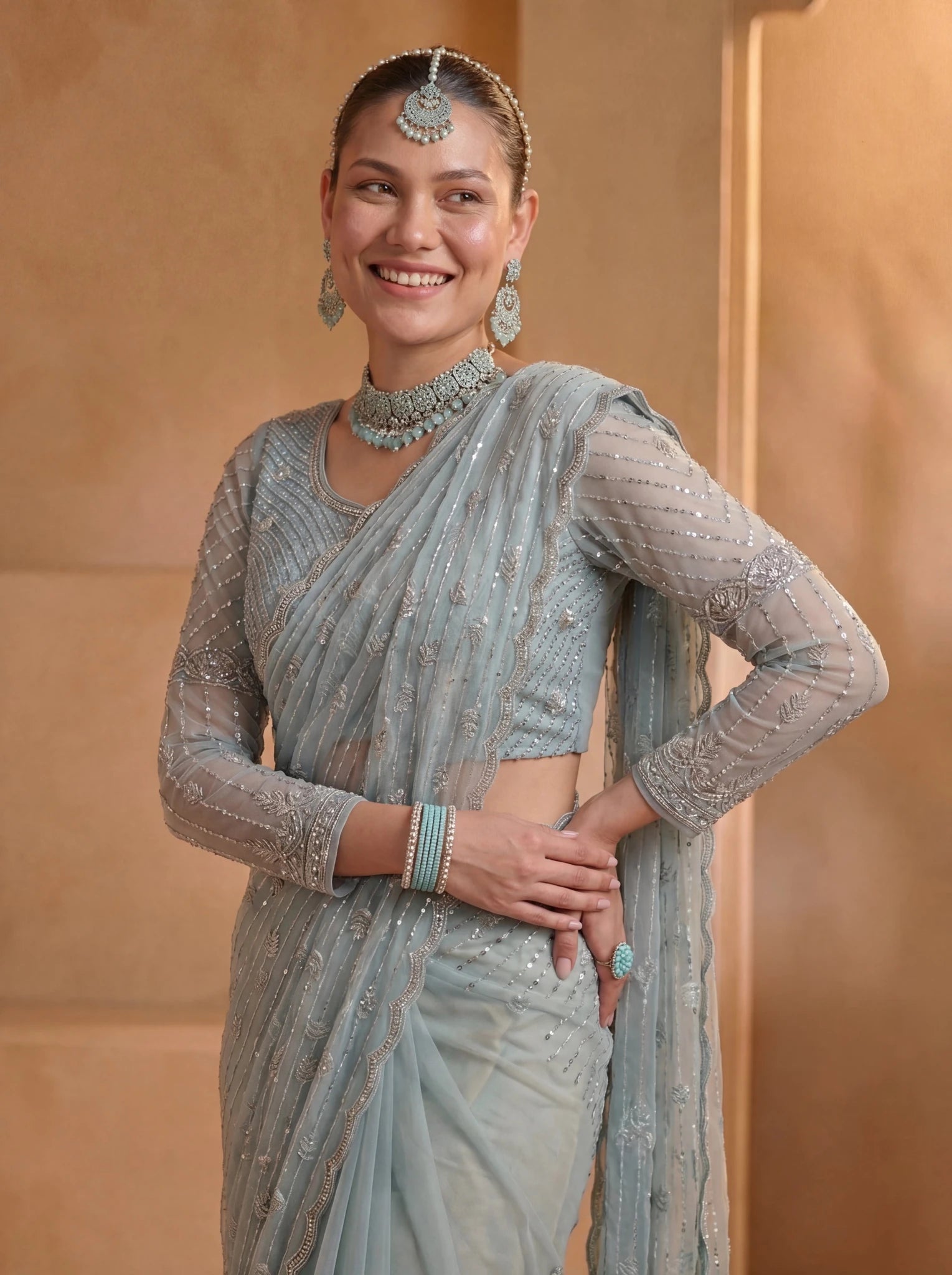 Premium Ice Blue Net Saree with Intricate Thread & Sequin Embroidery Handwork - Zimonza