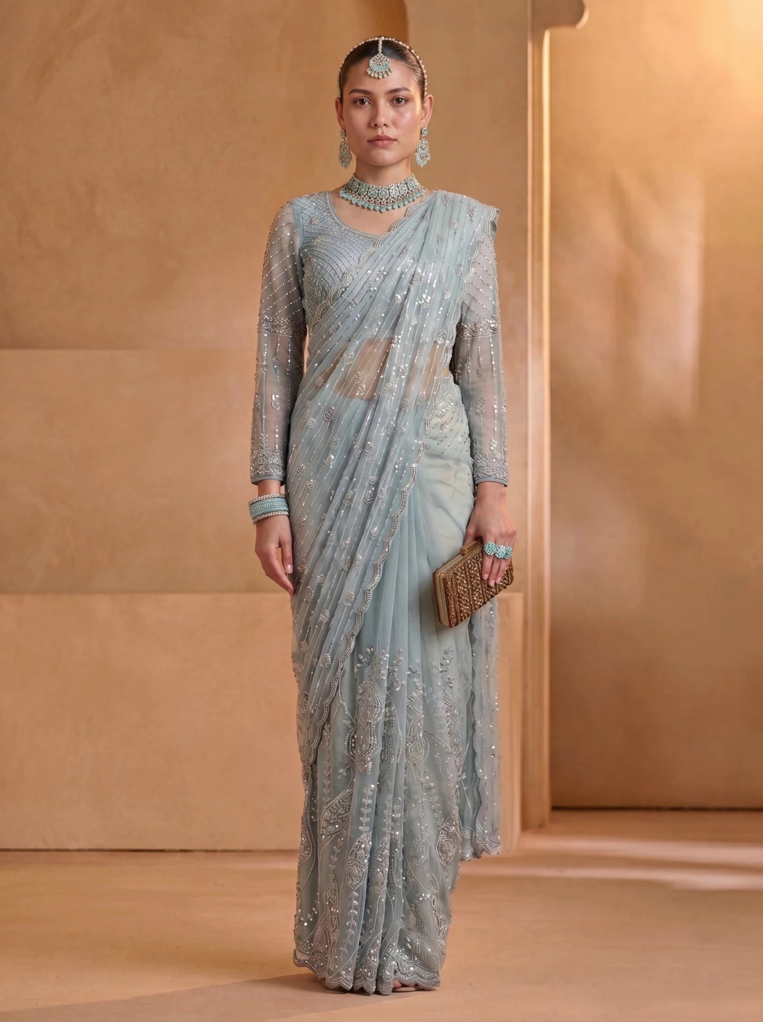 Premium Ice Blue Net Saree with Intricate Thread & Sequin Embroidery Handwork - Zimonza