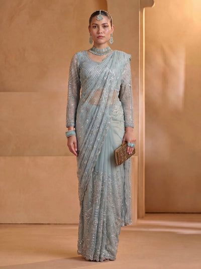 Premium Ice Blue Net Saree with Intricate Thread & Sequin Embroidery Handwork - Zimonza