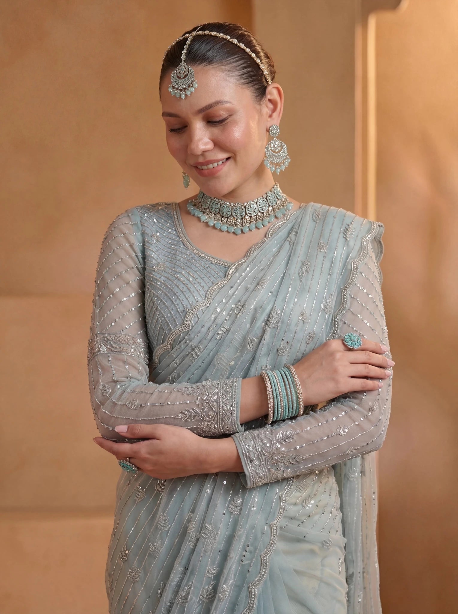 Premium Ice Blue Net Saree with Intricate Thread & Sequin Embroidery Handwork - Zimonza