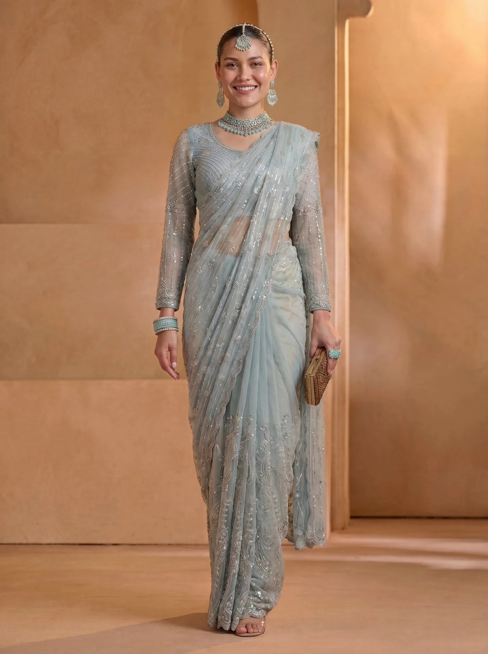 Premium Ice Blue Net Saree with Intricate Thread & Sequin Embroidery Handwork - Zimonza