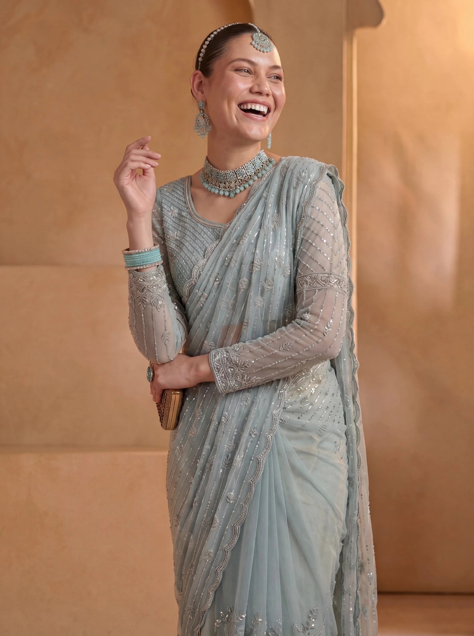 Premium Ice Blue Net Saree with Intricate Thread & Sequin Embroidery Handwork - Zimonza
