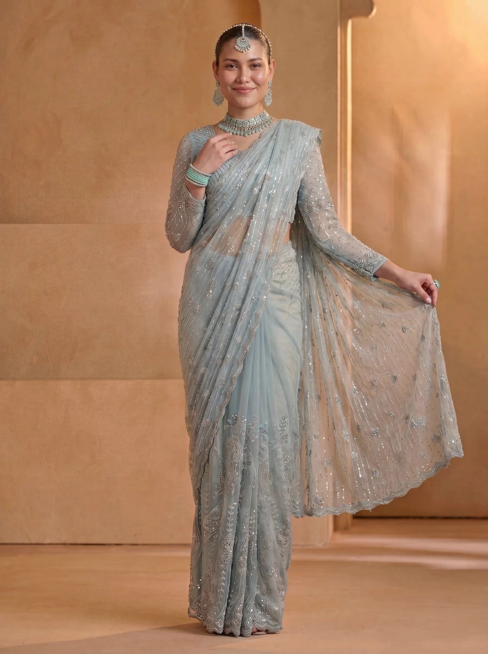 Premium Ice Blue Net Saree with Intricate Thread & Sequin Embroidery Handwork - Zimonza