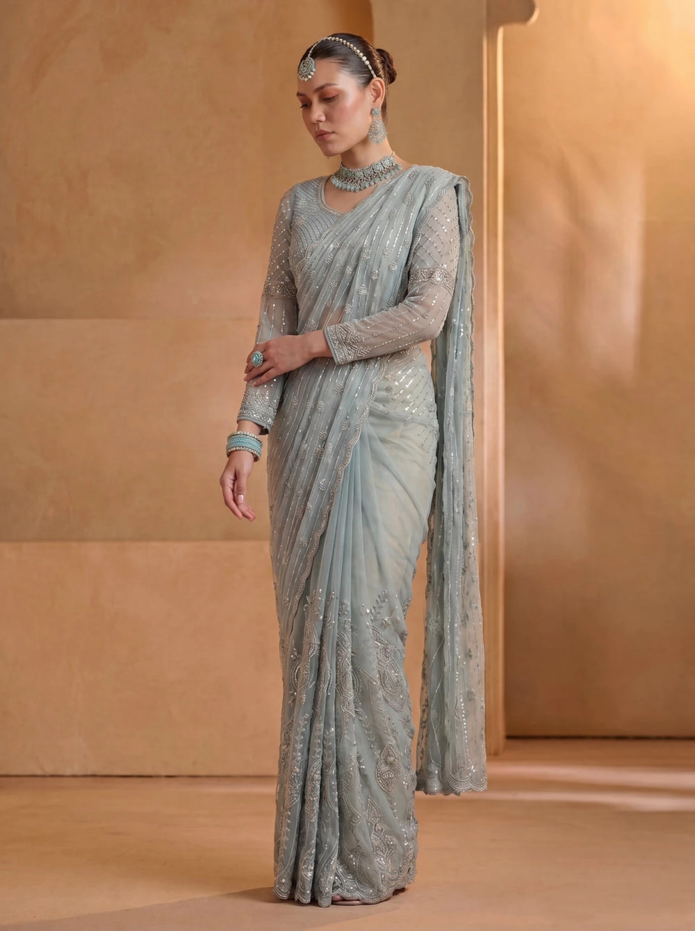 Premium Ice Blue Net Saree with Intricate Thread & Sequin Embroidery Handwork - Zimonza