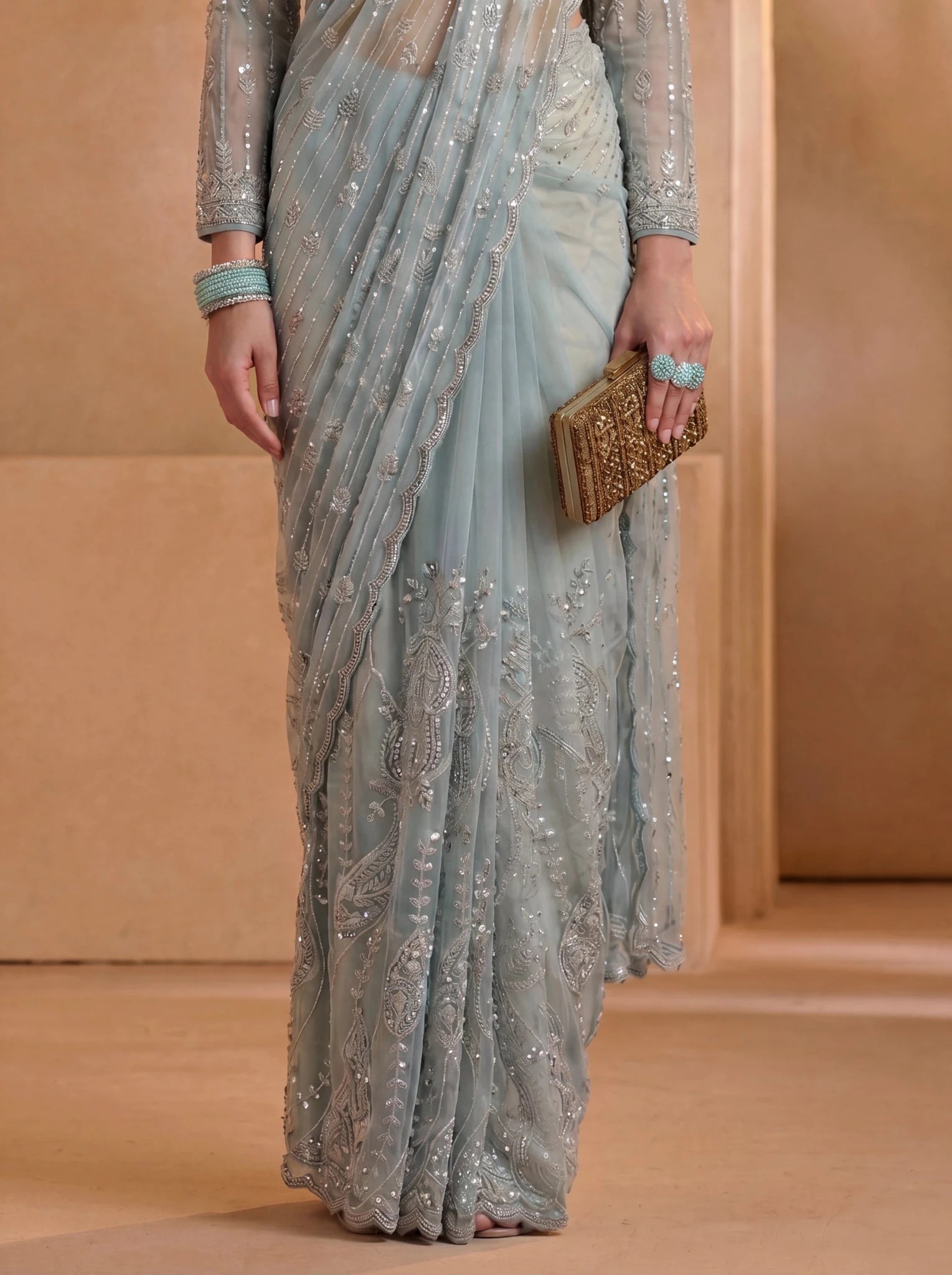 Premium Ice Blue Net Saree with Intricate Thread & Sequin Embroidery Handwork - Zimonza
