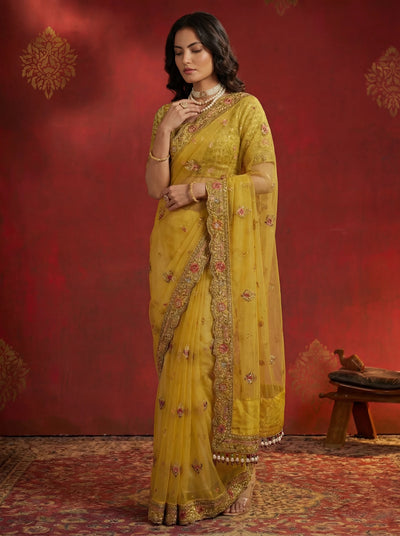 Premium Mustard Yellow Net Saree with Floral Zari & Sequin Embroidery - Zimonza