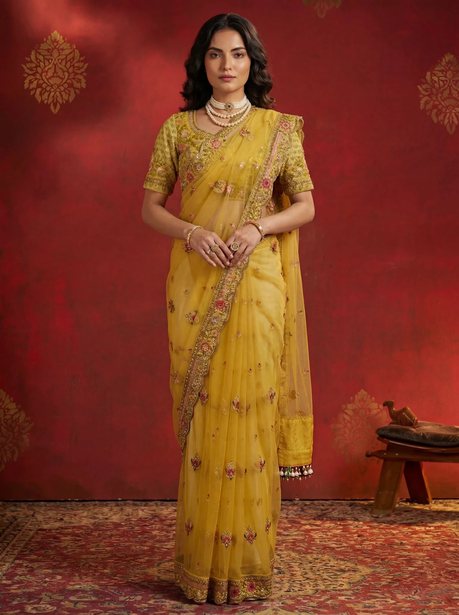 Premium Mustard Yellow Net Saree with Floral Zari & Sequin Embroidery - Zimonza