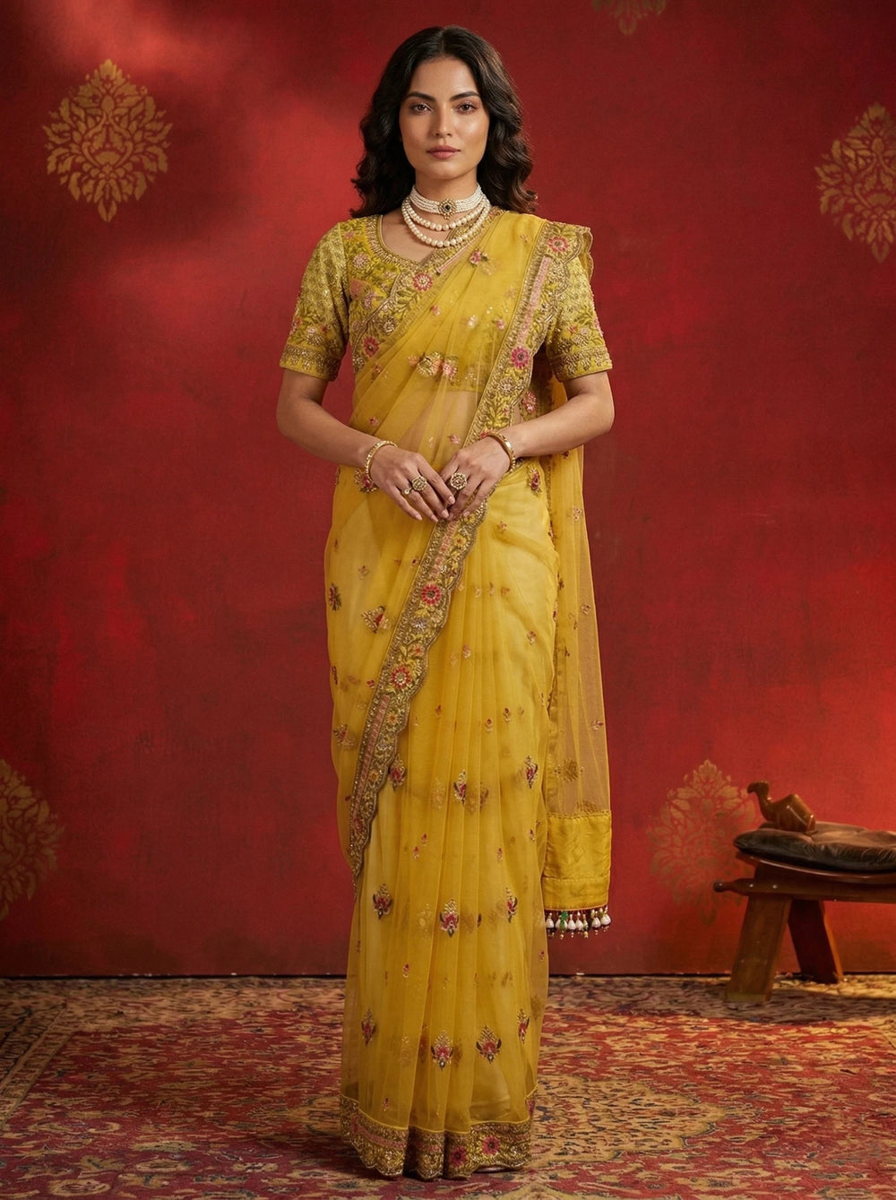 Premium Mustard Yellow Net Saree with Floral Zari & Sequin Embroidery - Zimonza