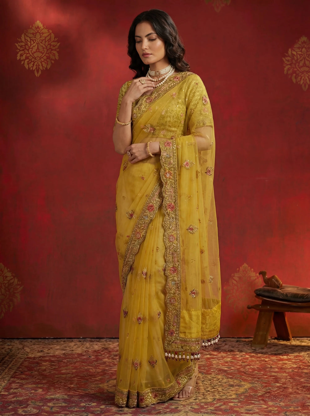 Premium Mustard Yellow Net Saree with Floral Zari & Sequin Embroidery - Zimonza