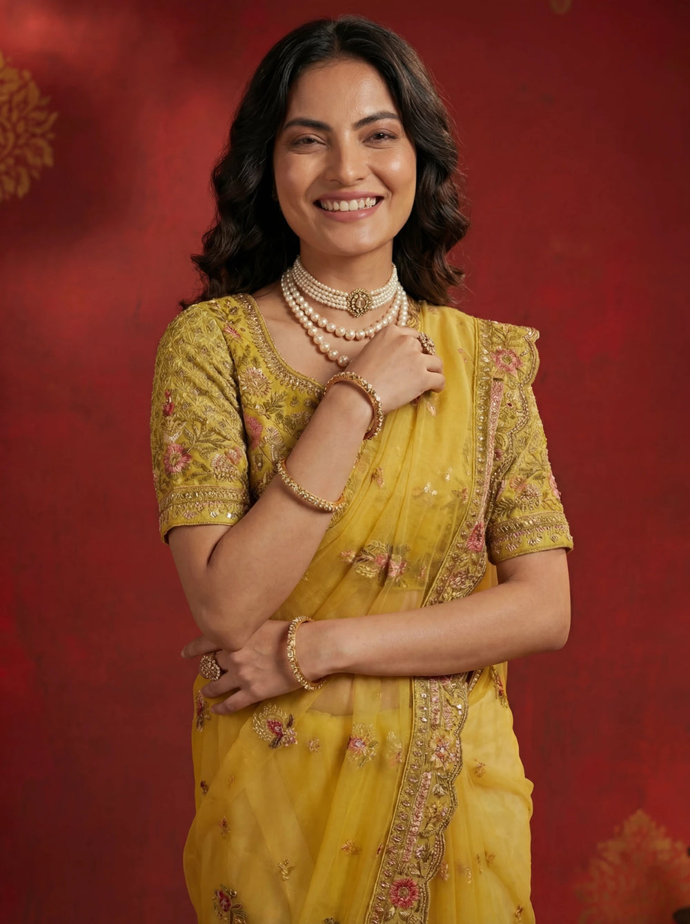 Premium Mustard Yellow Net Saree with Floral Zari & Sequin Embroidery - Zimonza