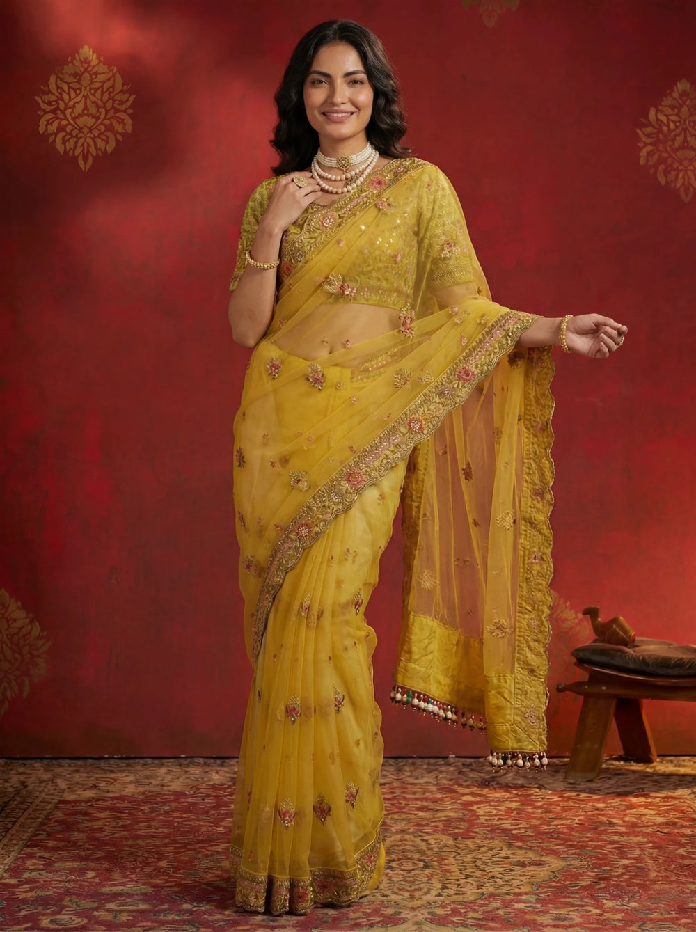 Premium Mustard Yellow Net Saree with Floral Zari & Sequin Embroidery - Zimonza