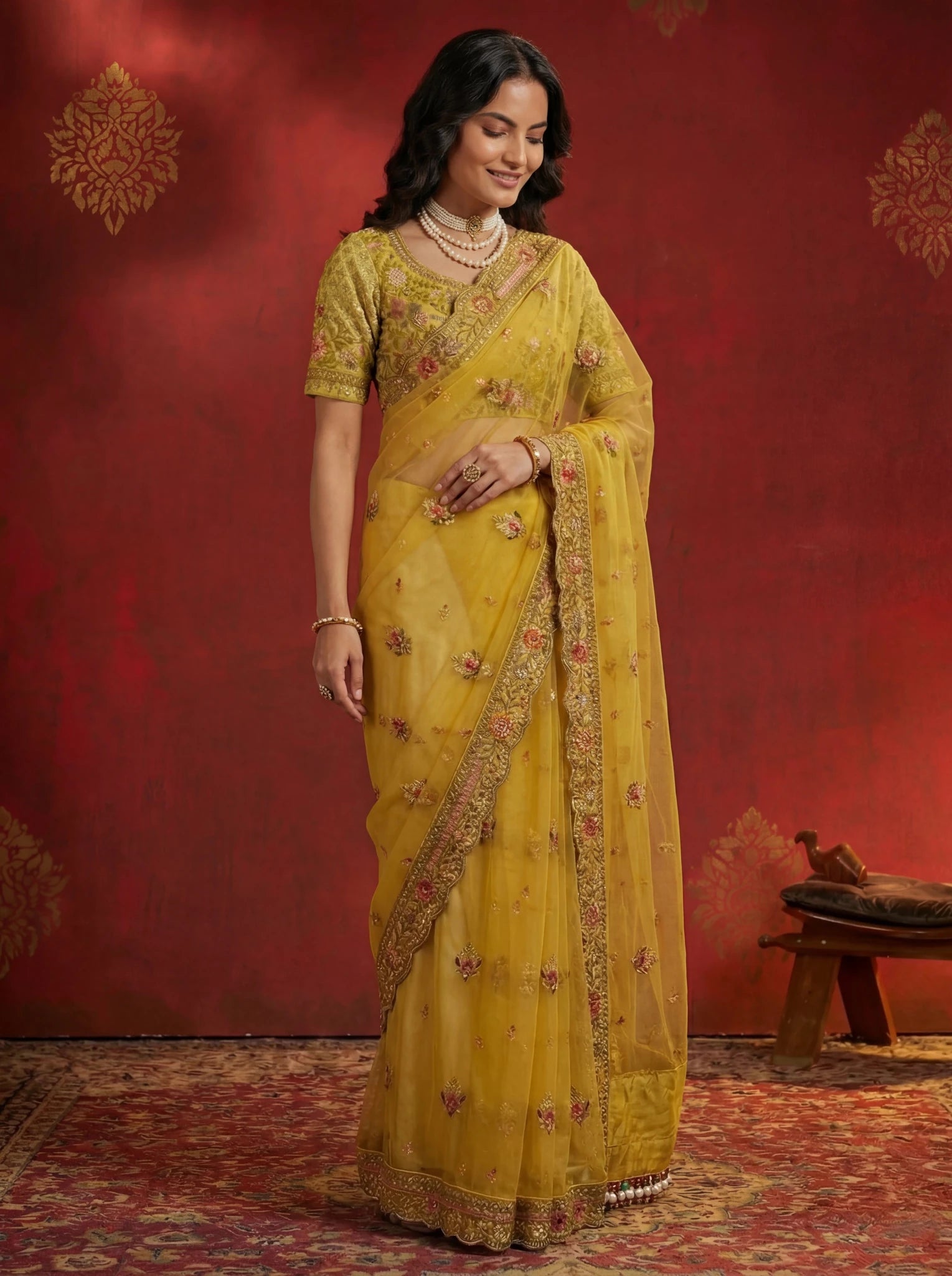 Premium Mustard Yellow Net Saree with Floral Zari & Sequin Embroidery - Zimonza