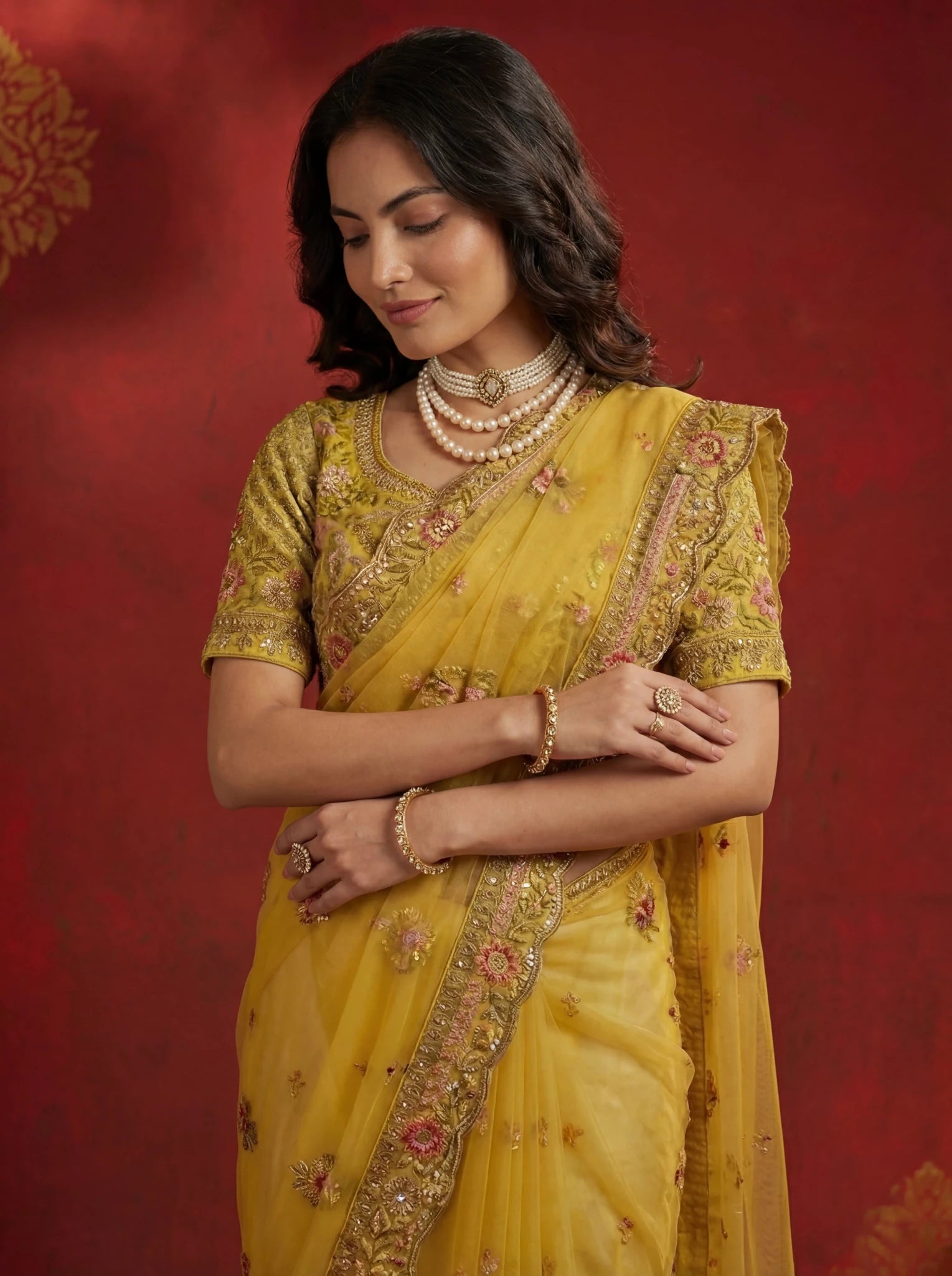 Premium Mustard Yellow Net Saree with Floral Zari & Sequin Embroidery - Zimonza