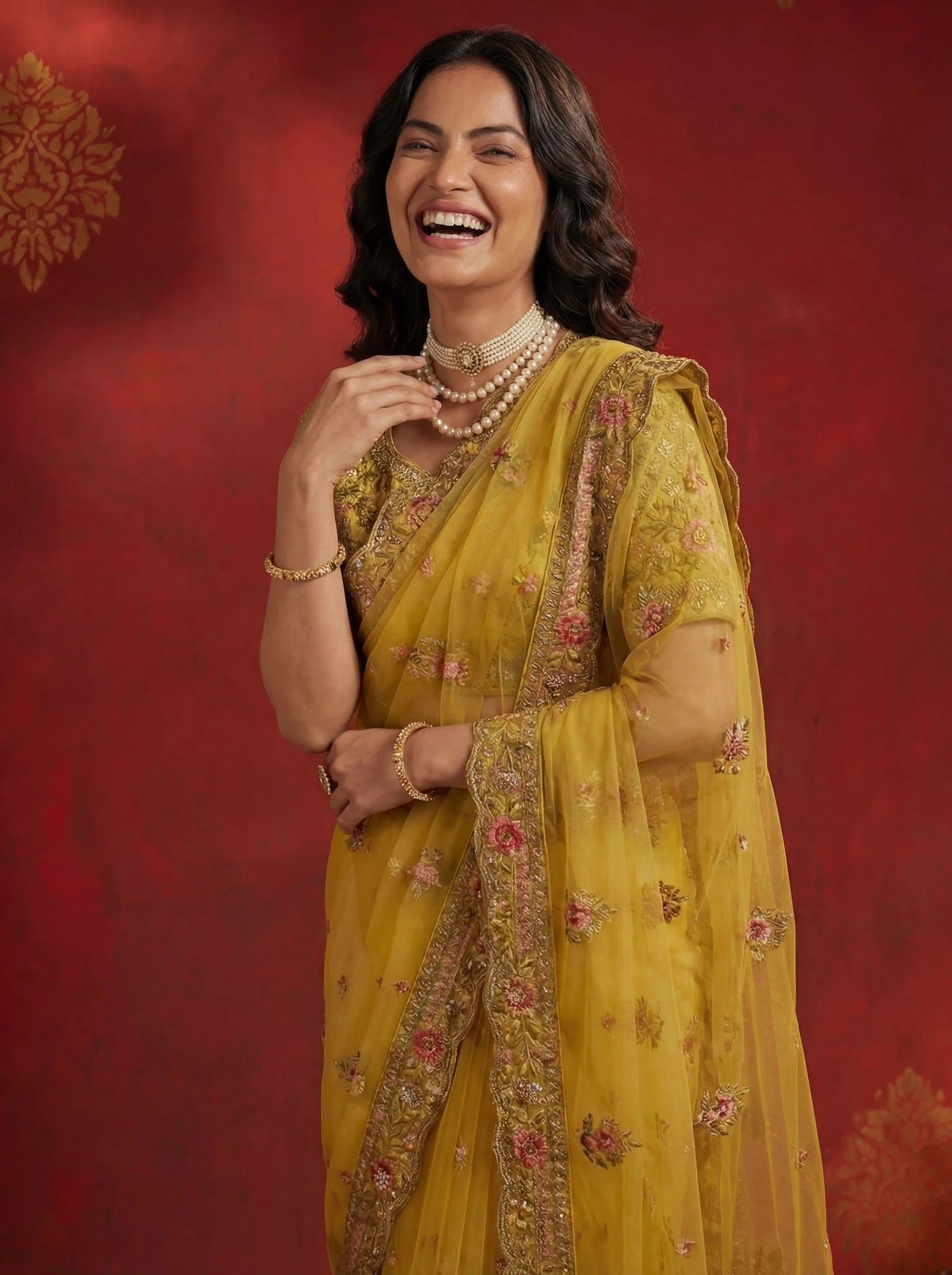 Premium Mustard Yellow Net Saree with Floral Zari & Sequin Embroidery - Zimonza