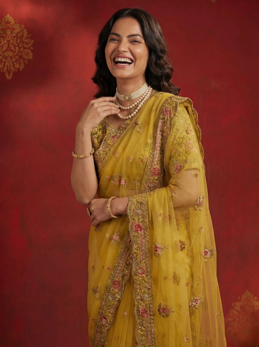Premium Mustard Yellow Net Saree with Floral Zari & Sequin Embroidery - Zimonza