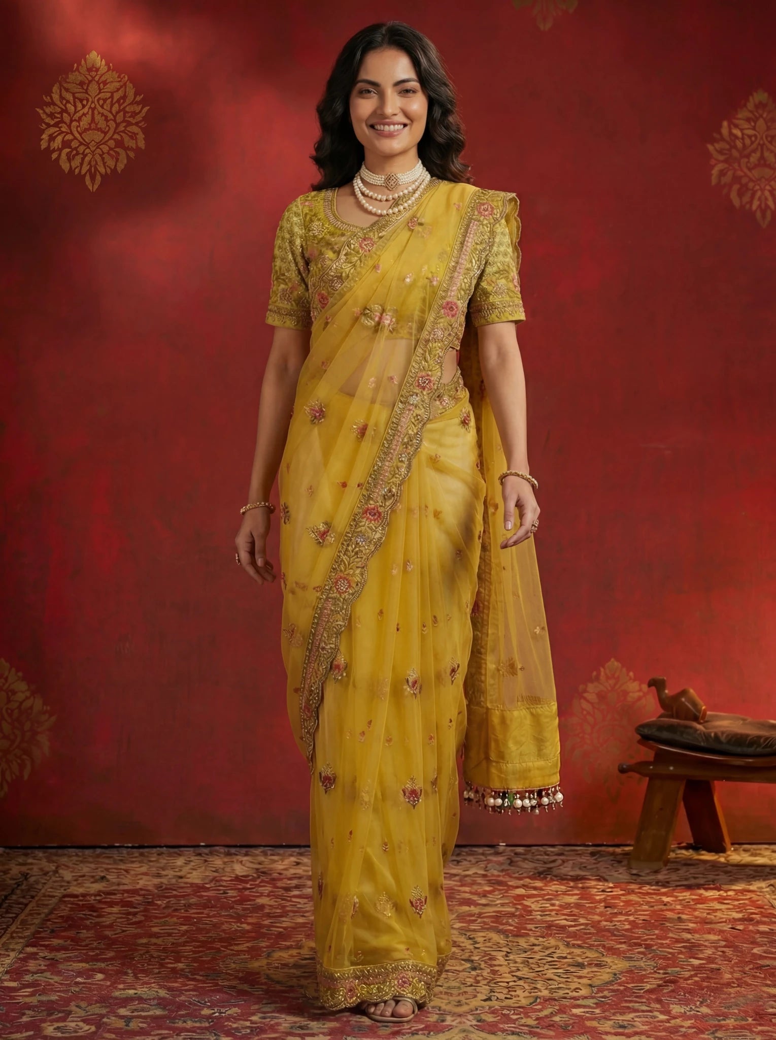 Premium Mustard Yellow Net Saree with Floral Zari & Sequin Embroidery - Zimonza