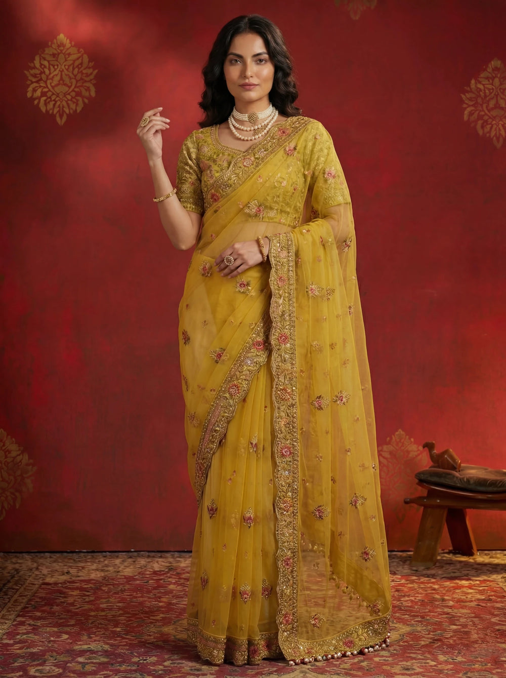 Premium Mustard Yellow Net Saree with Floral Zari & Sequin Embroidery - Zimonza