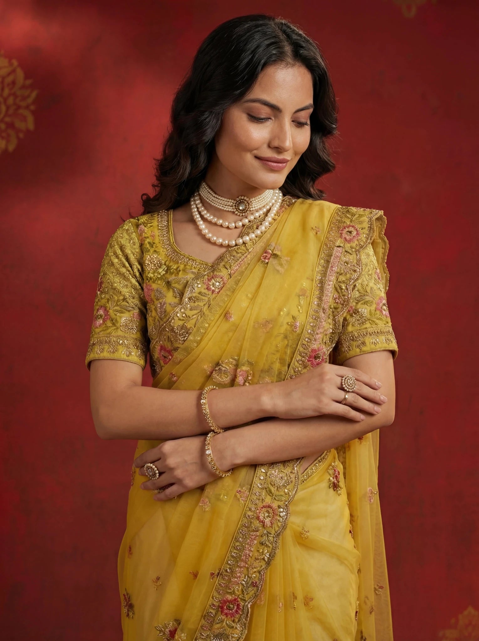 Premium Mustard Yellow Net Saree with Floral Zari & Sequin Embroidery - Zimonza
