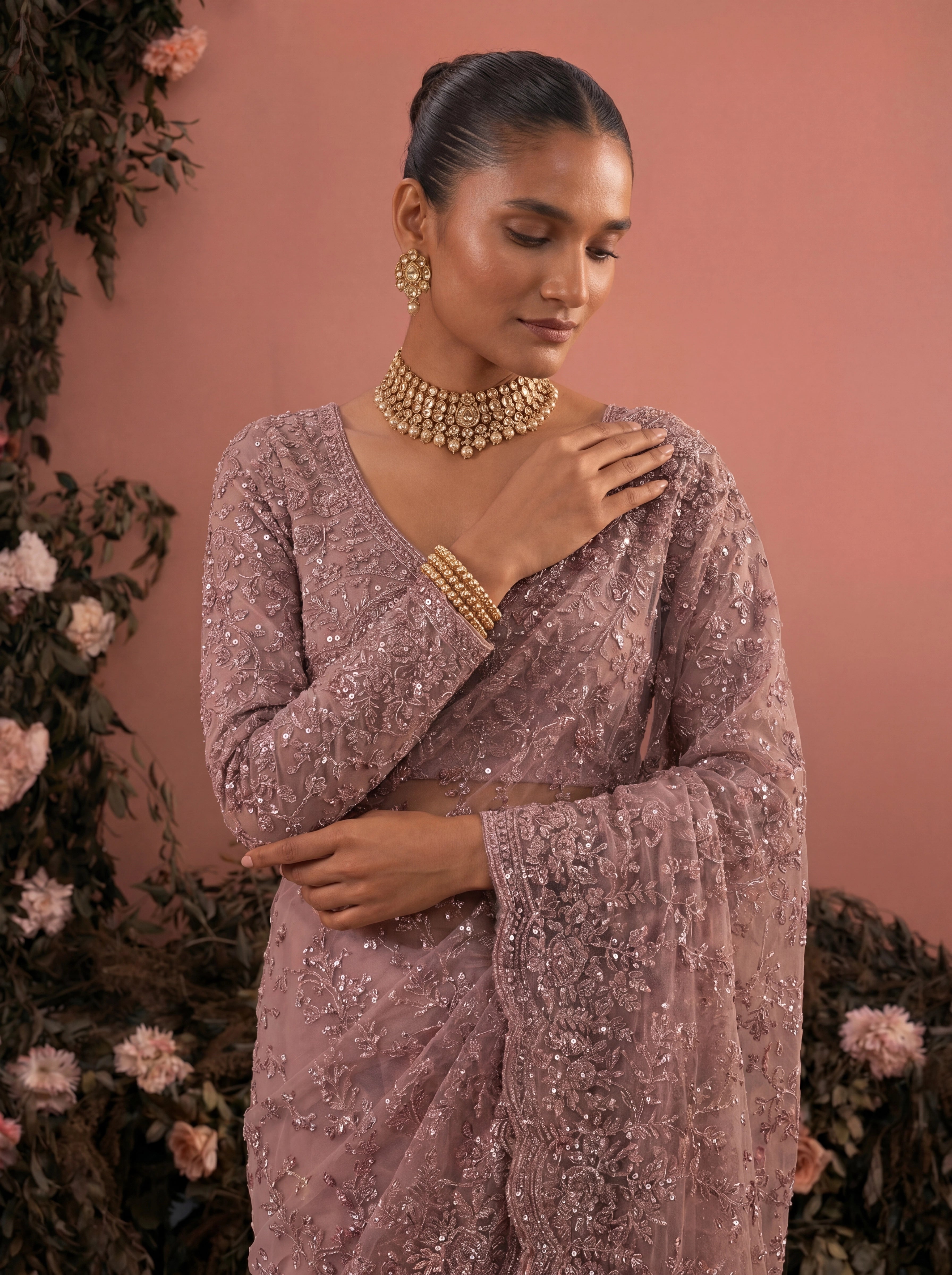 Elegant  Pyazi Designer Saree With Intricate Embroidery Handwork