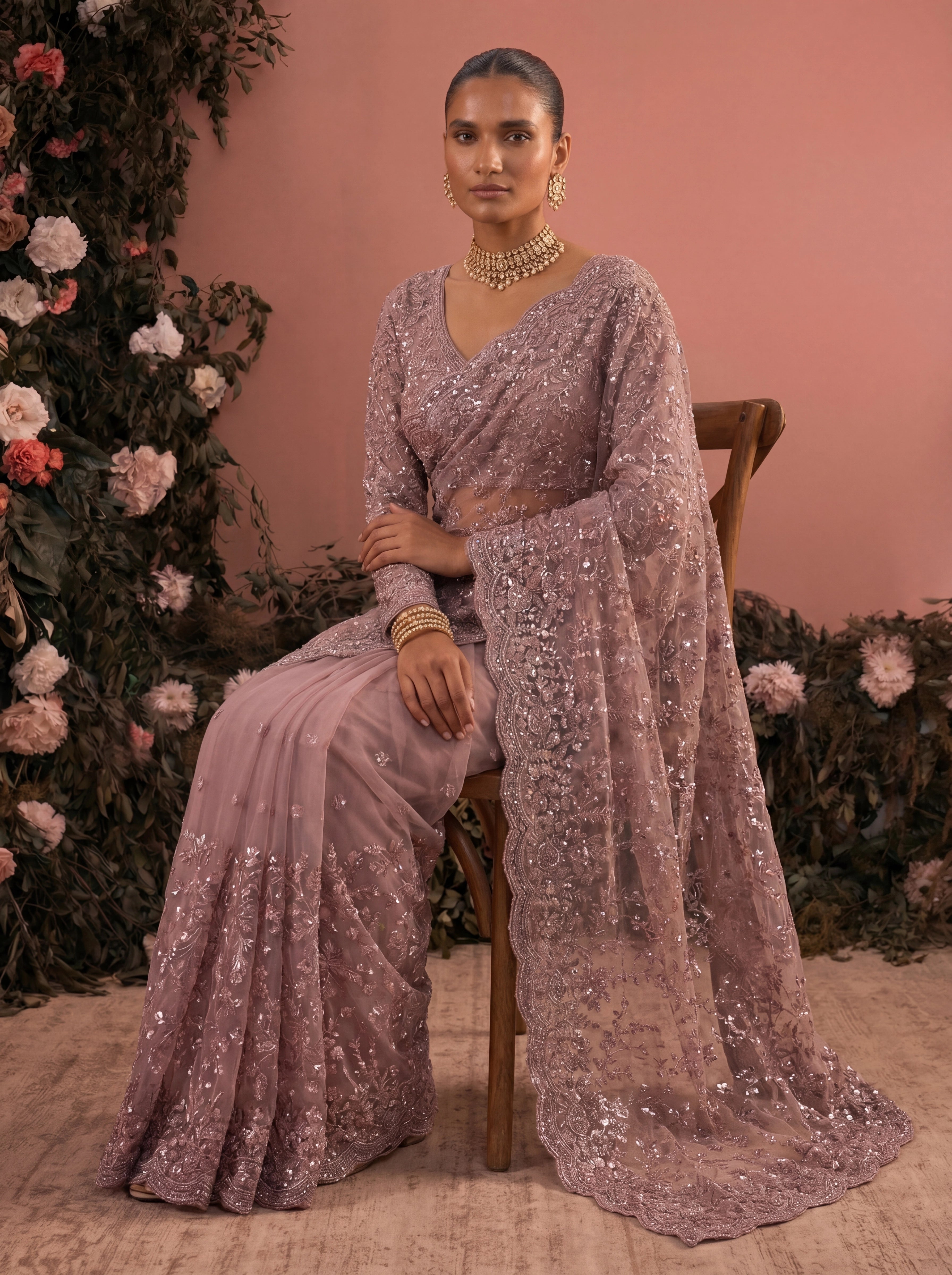 Elegant  Pyazi Designer Saree With Intricate Embroidery Handwork