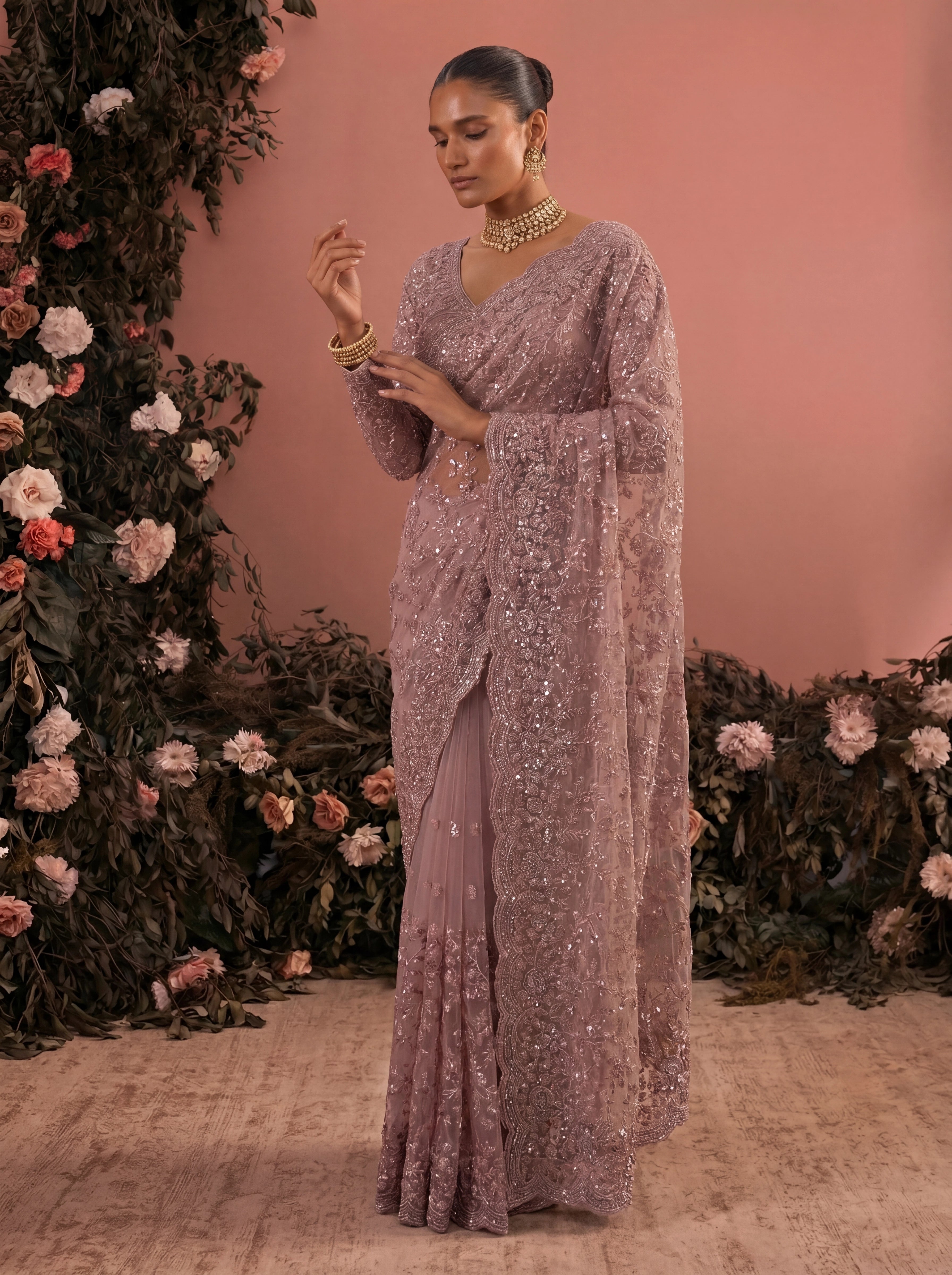 Elegant  Pyazi Designer Saree With Intricate Embroidery Handwork