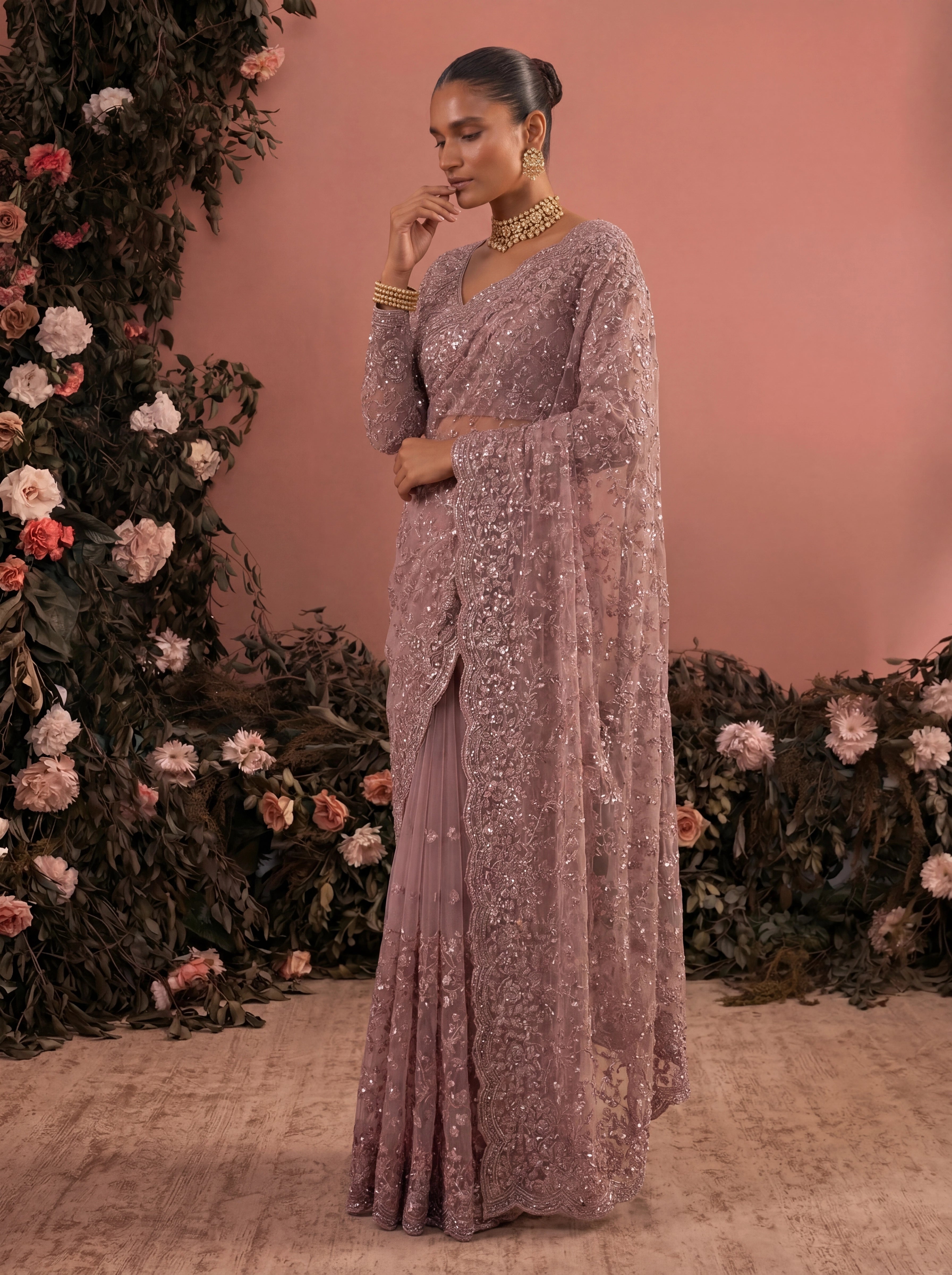 Elegant  Pyazi Designer Saree With Intricate Embroidery Handwork
