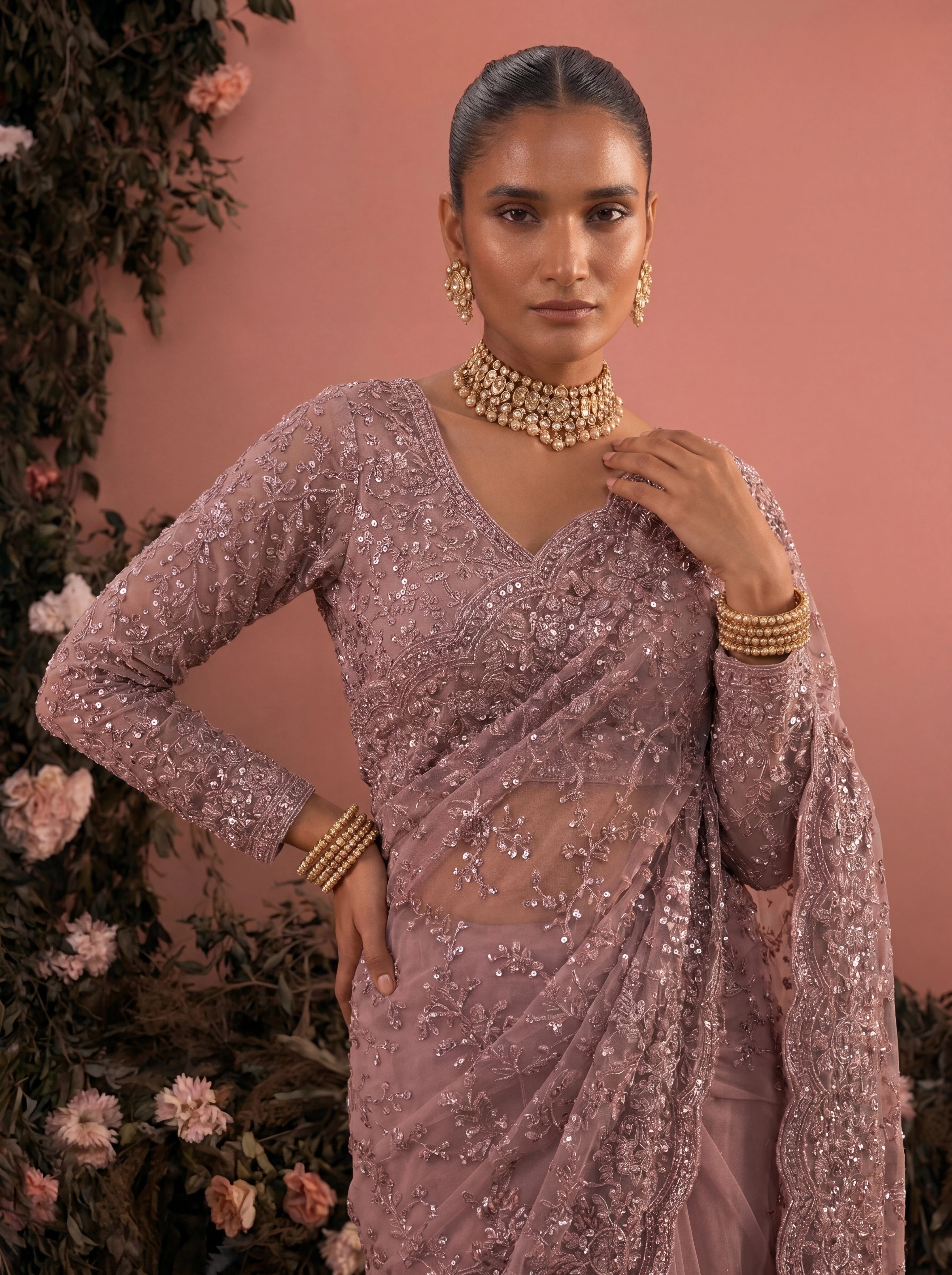 Elegant  Pyazi Designer Saree With Intricate Embroidery Handwork