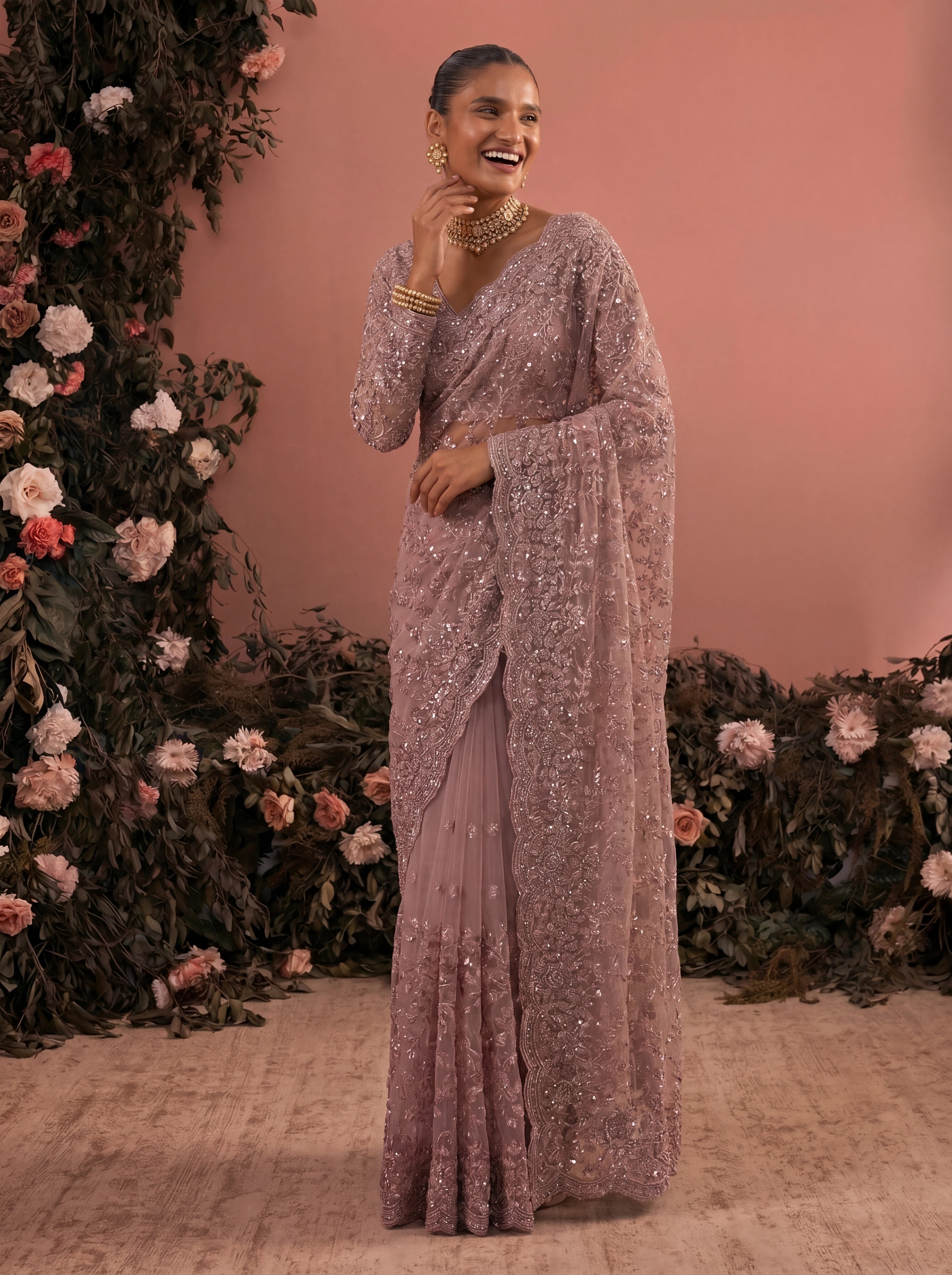 Elegant  Pyazi Designer Saree With Intricate Embroidery Handwork