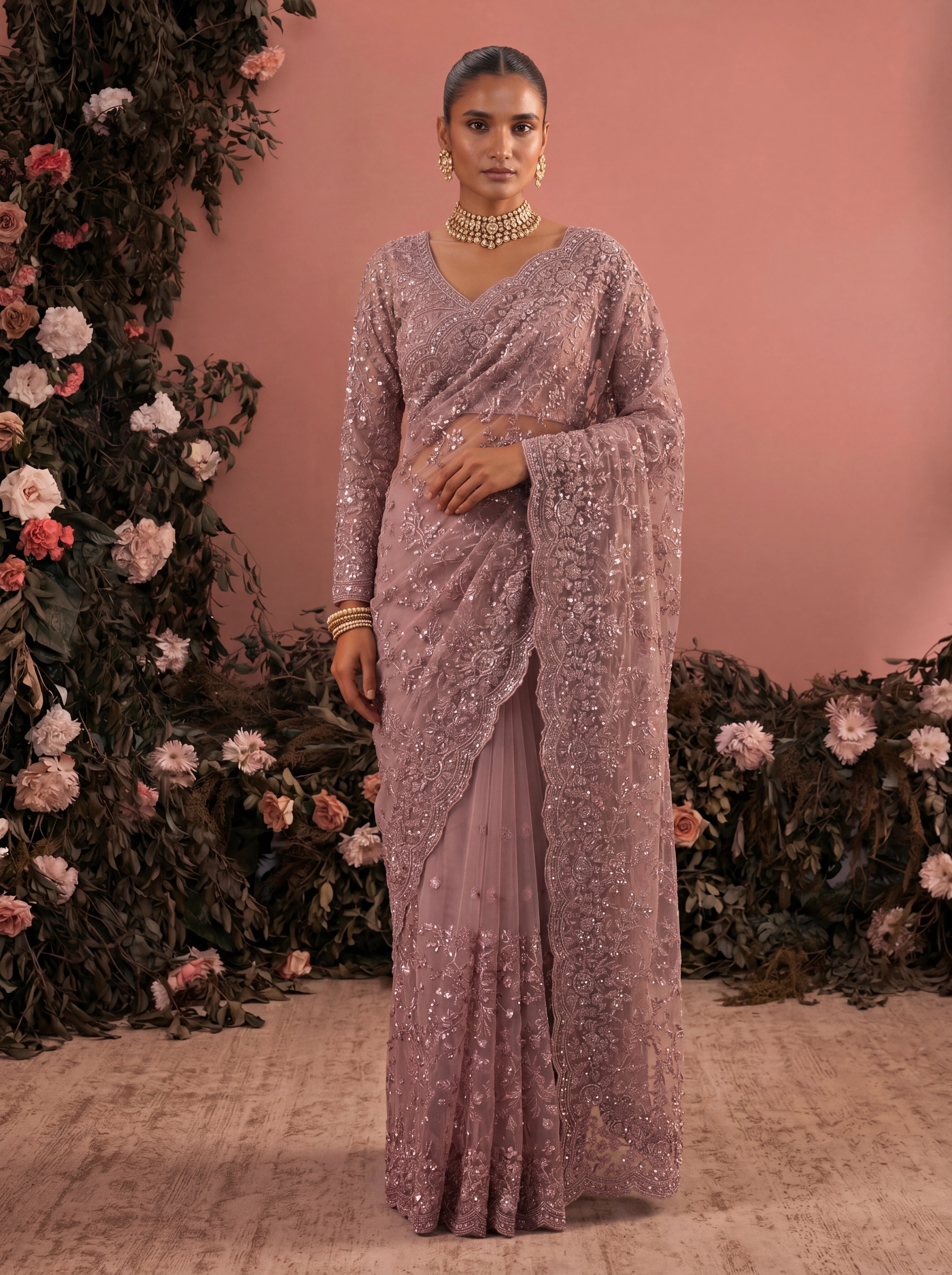 Elegant  Pyazi Designer Saree With Intricate Embroidery Handwork