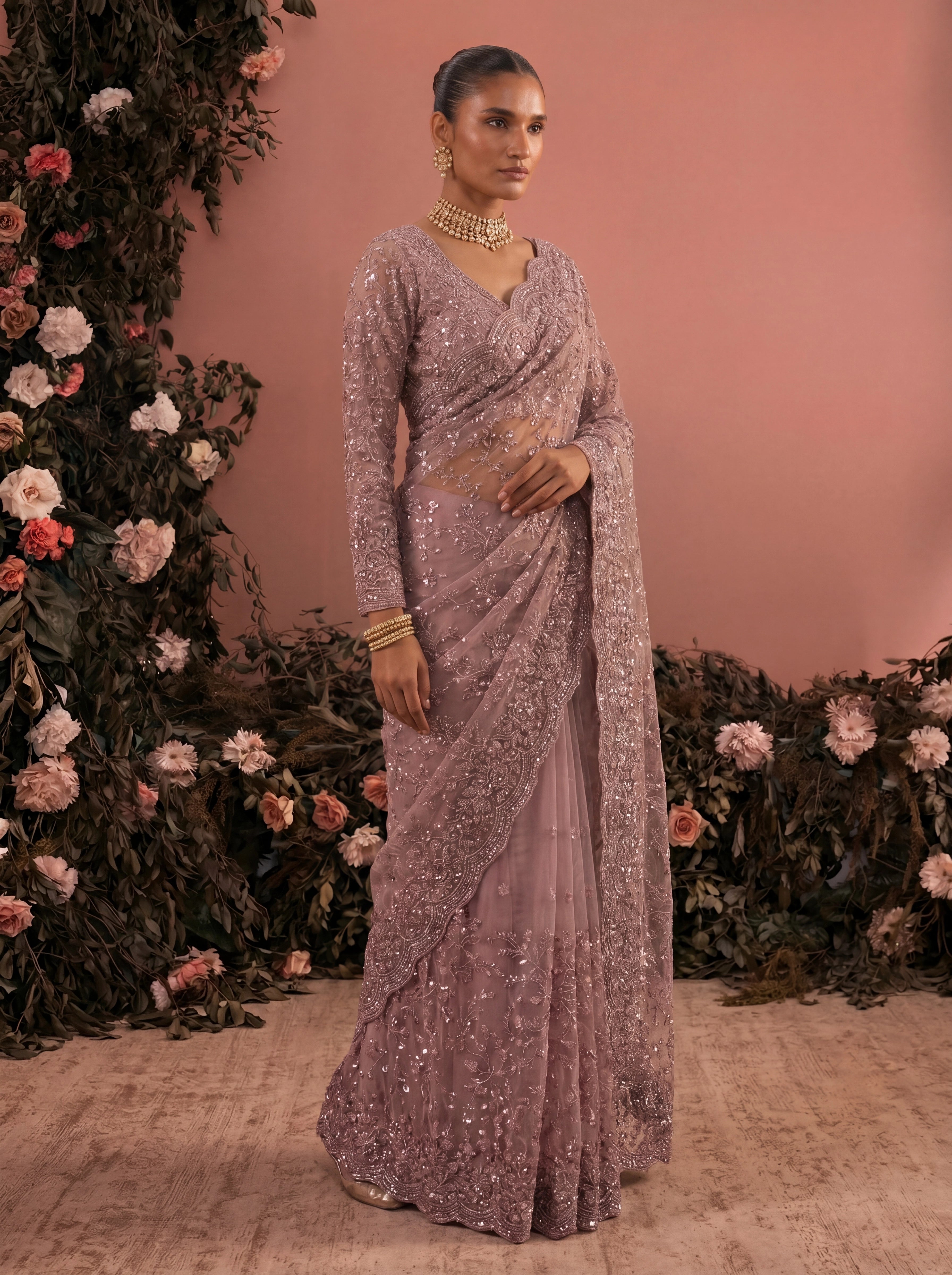 Elegant  Pyazi Designer Saree With Intricate Embroidery Handwork