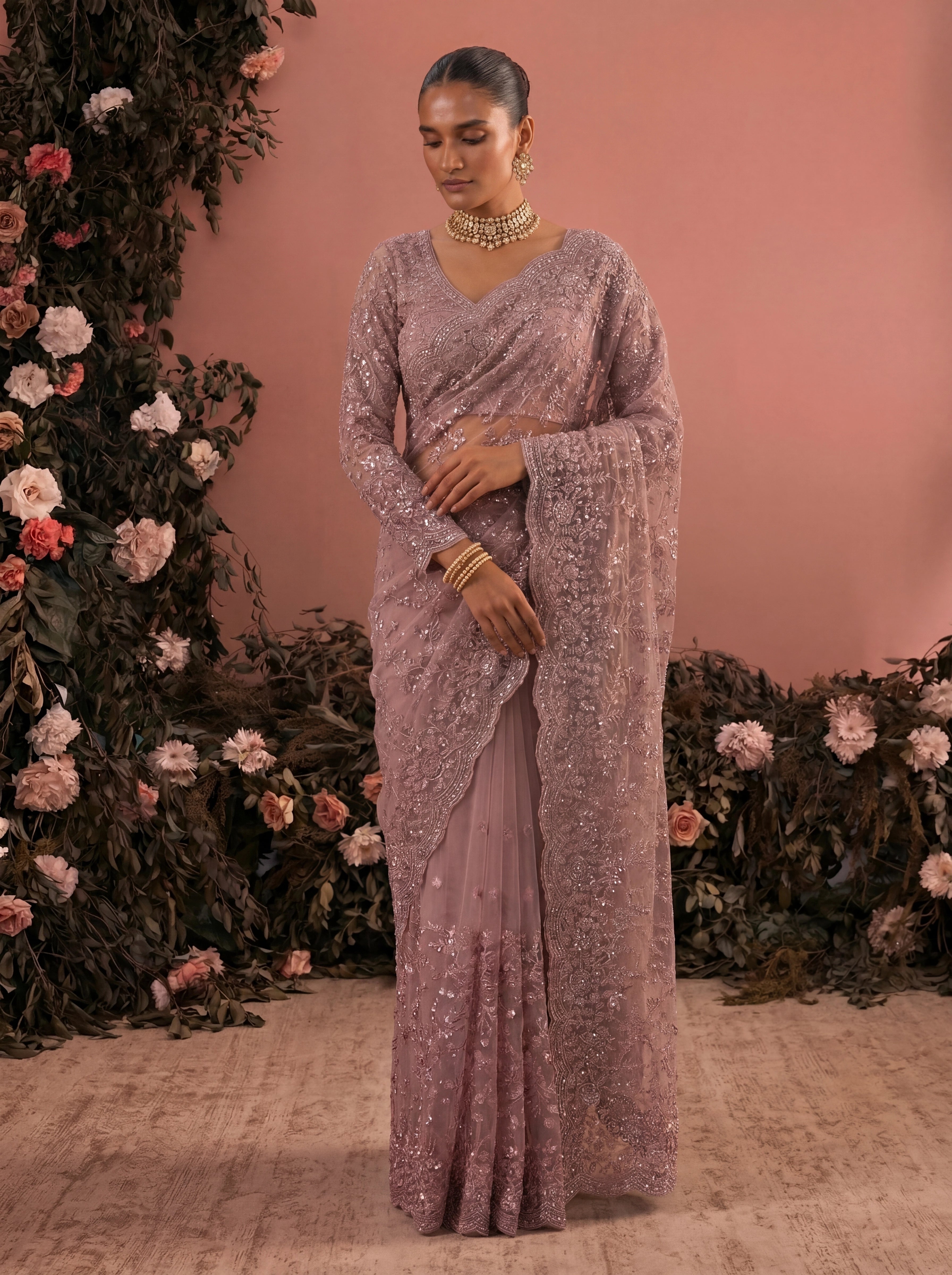 Elegant  Pyazi Designer Saree With Intricate Embroidery Handwork