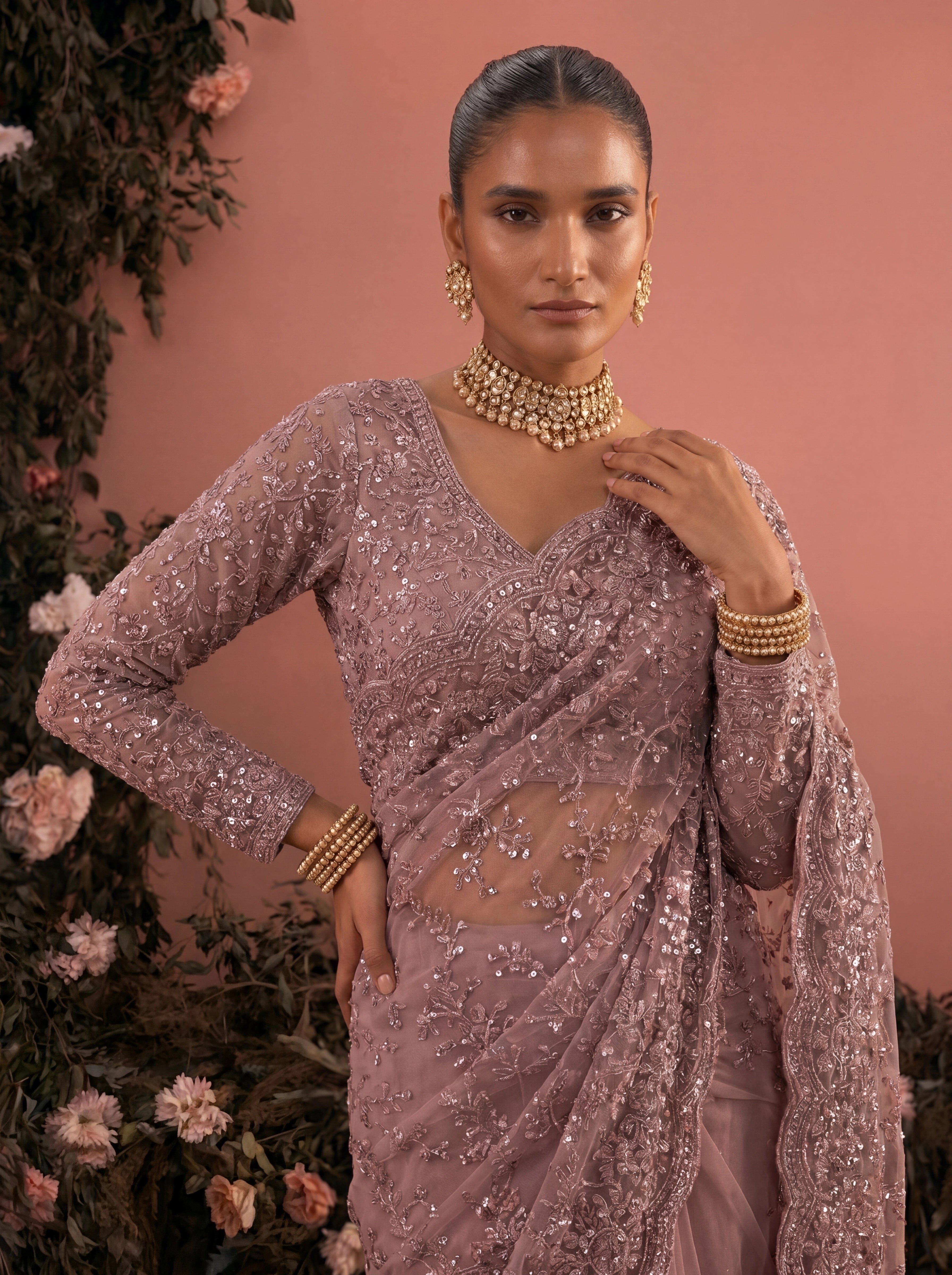 Elegant  Pyazi Designer Saree With Intricate Embroidery Handwork