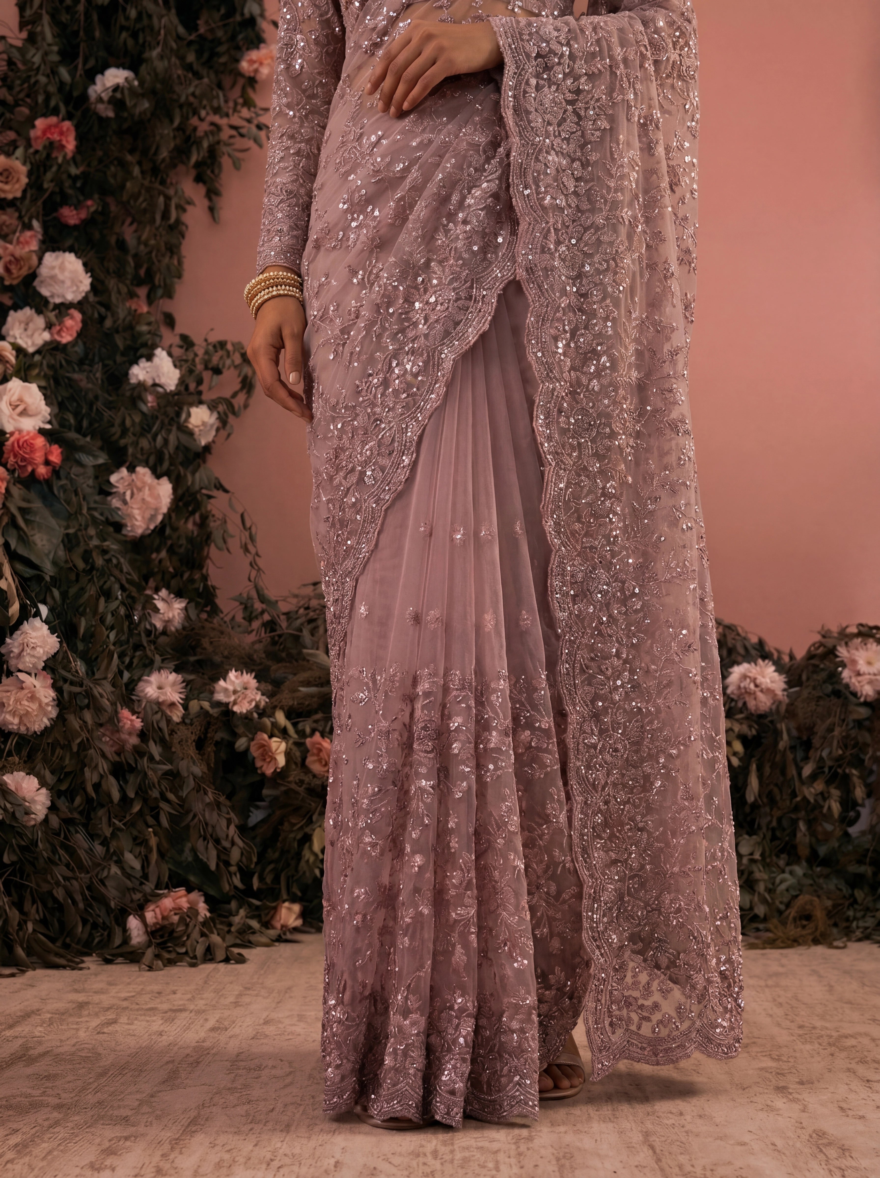 Elegant  Pyazi Designer Saree With Intricate Embroidery Handwork