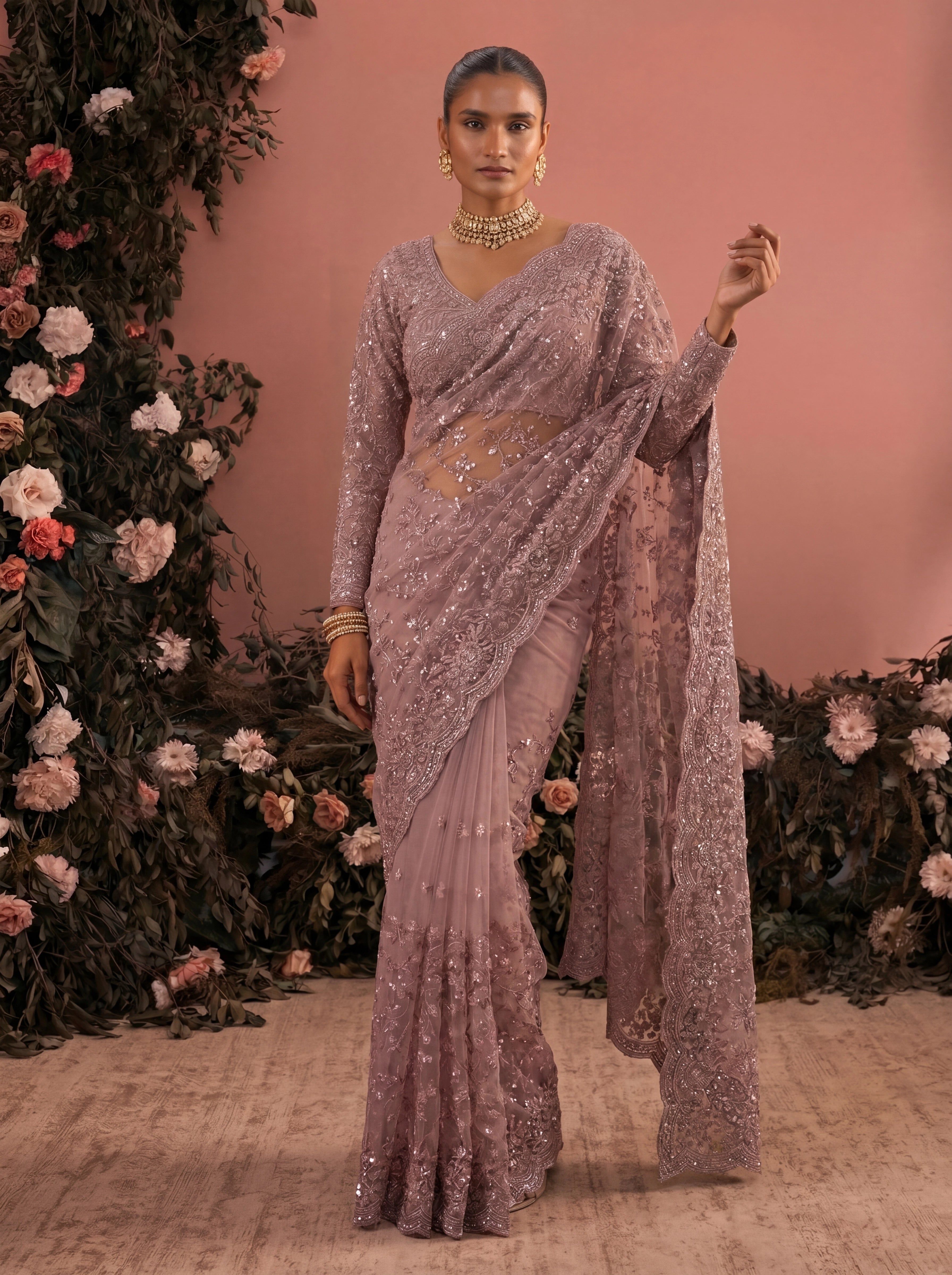 Elegant  Pyazi Designer Saree With Intricate Embroidery Handwork