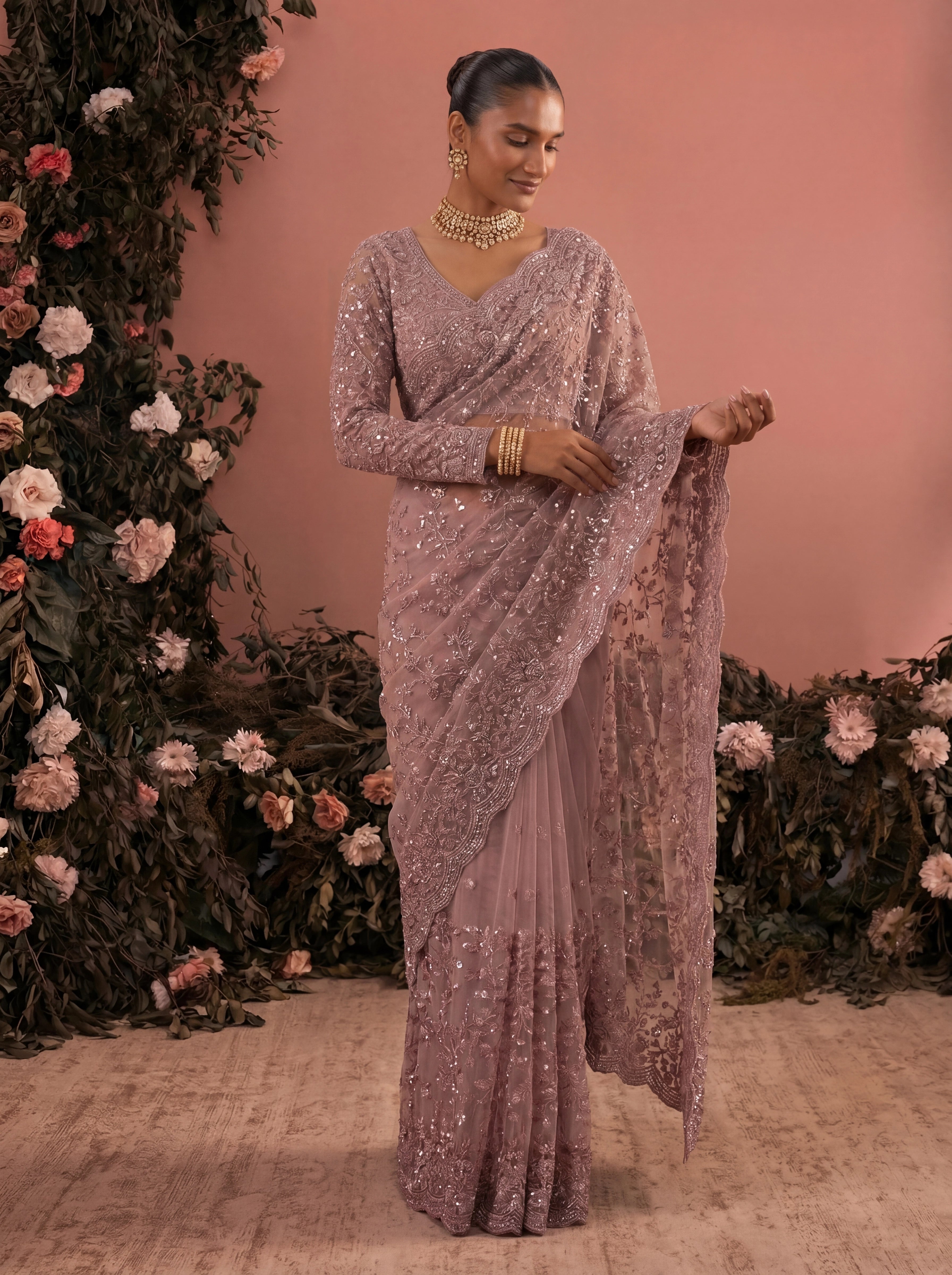 Elegant  Pyazi Designer Saree With Intricate Embroidery Handwork