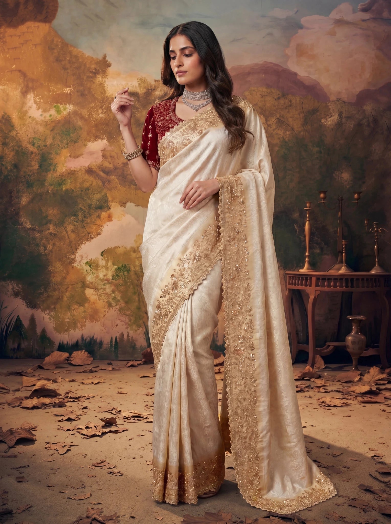 Premium Ivory Silk Saree with Rich Gold Zari Embroidery Heavy Beads Work - Zimonza