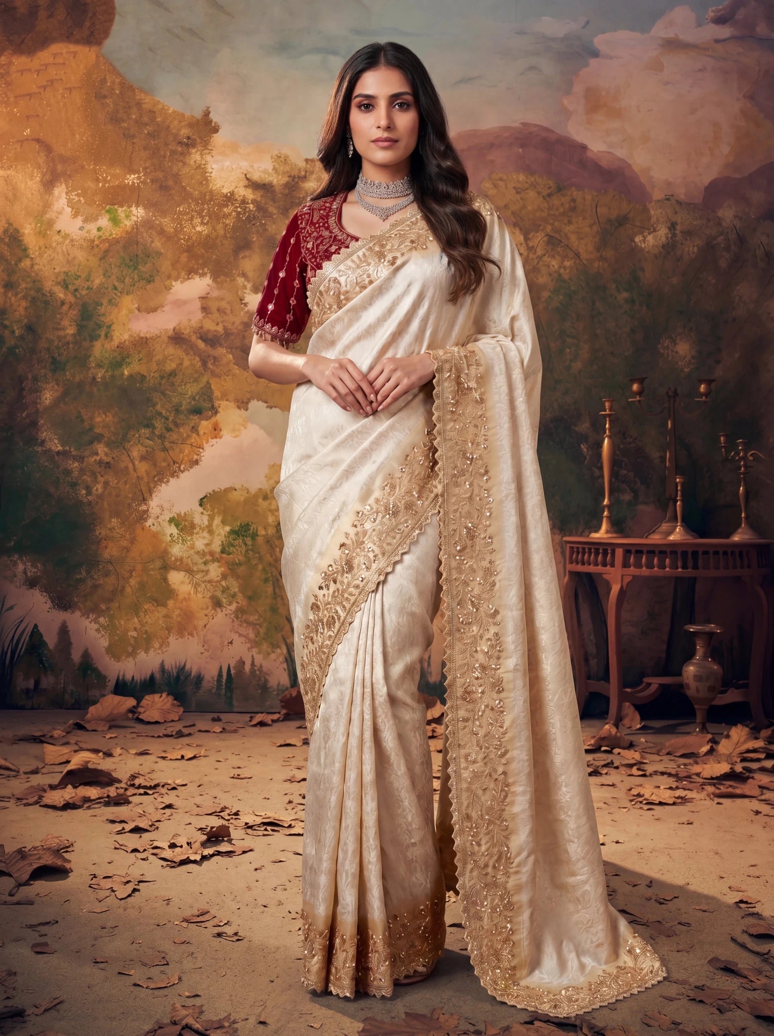 Premium Ivory Silk Saree with Rich Gold Zari Embroidery Heavy Beads Work - Zimonza