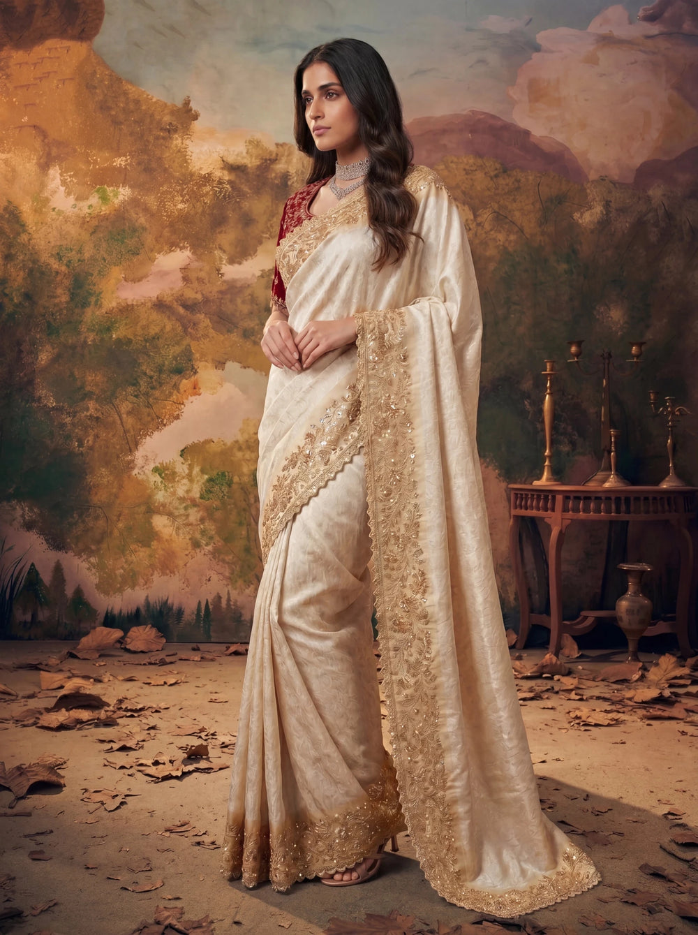 Premium Ivory Silk Saree with Rich Gold Zari Embroidery Heavy Beads Work - Zimonza