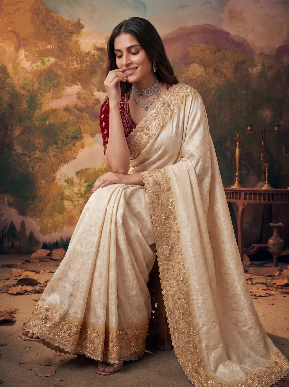 Premium Ivory Silk Saree with Rich Gold Zari Embroidery Heavy Beads Work - Zimonza